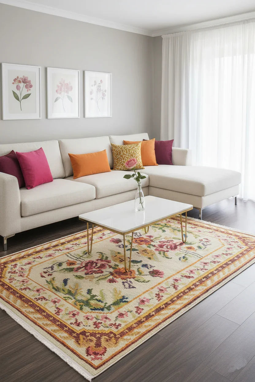 Karabağ Tarzı Bej Çiçek Desenli Halı-Pera Halı