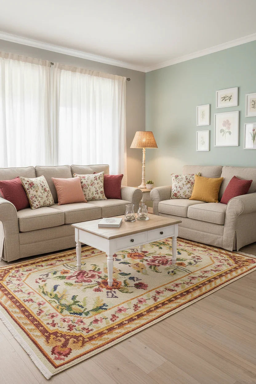 Karabağ Tarzı Bej Çiçek Desenli Halı-Pera Halı