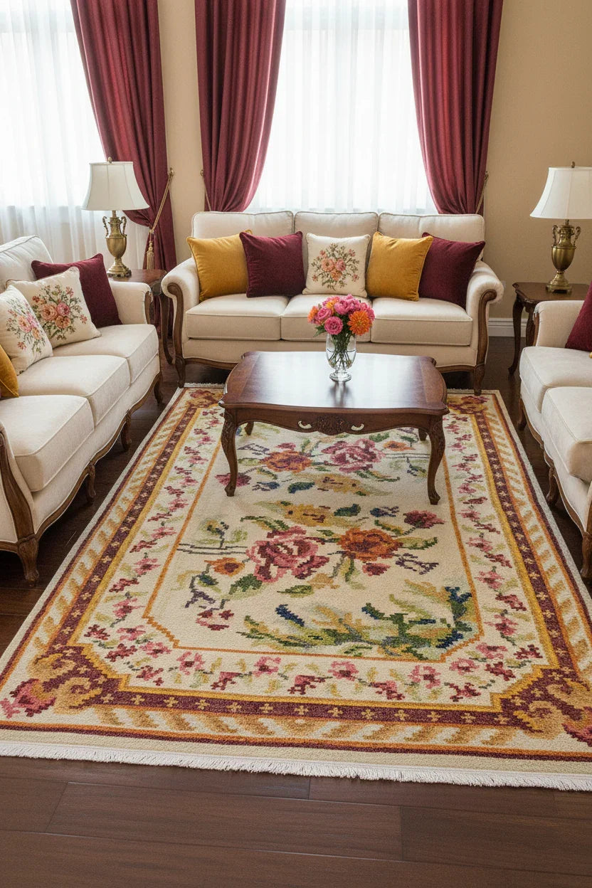 Karabağ Tarzı Bej Çiçek Desenli Halı-Pera Halı