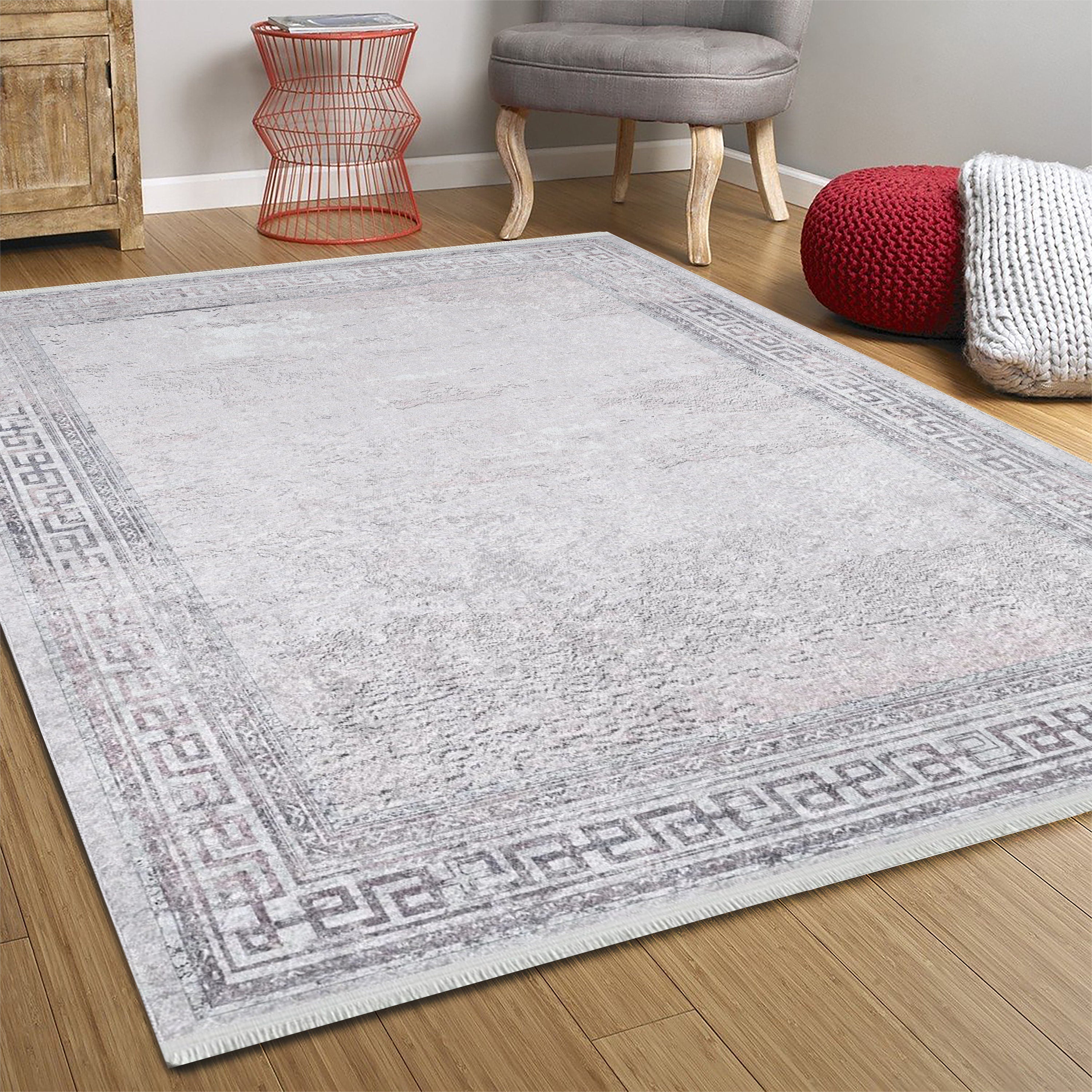 Beyaz Açık Pembe Gri Geometrik Desenli Halı - Pera Halı