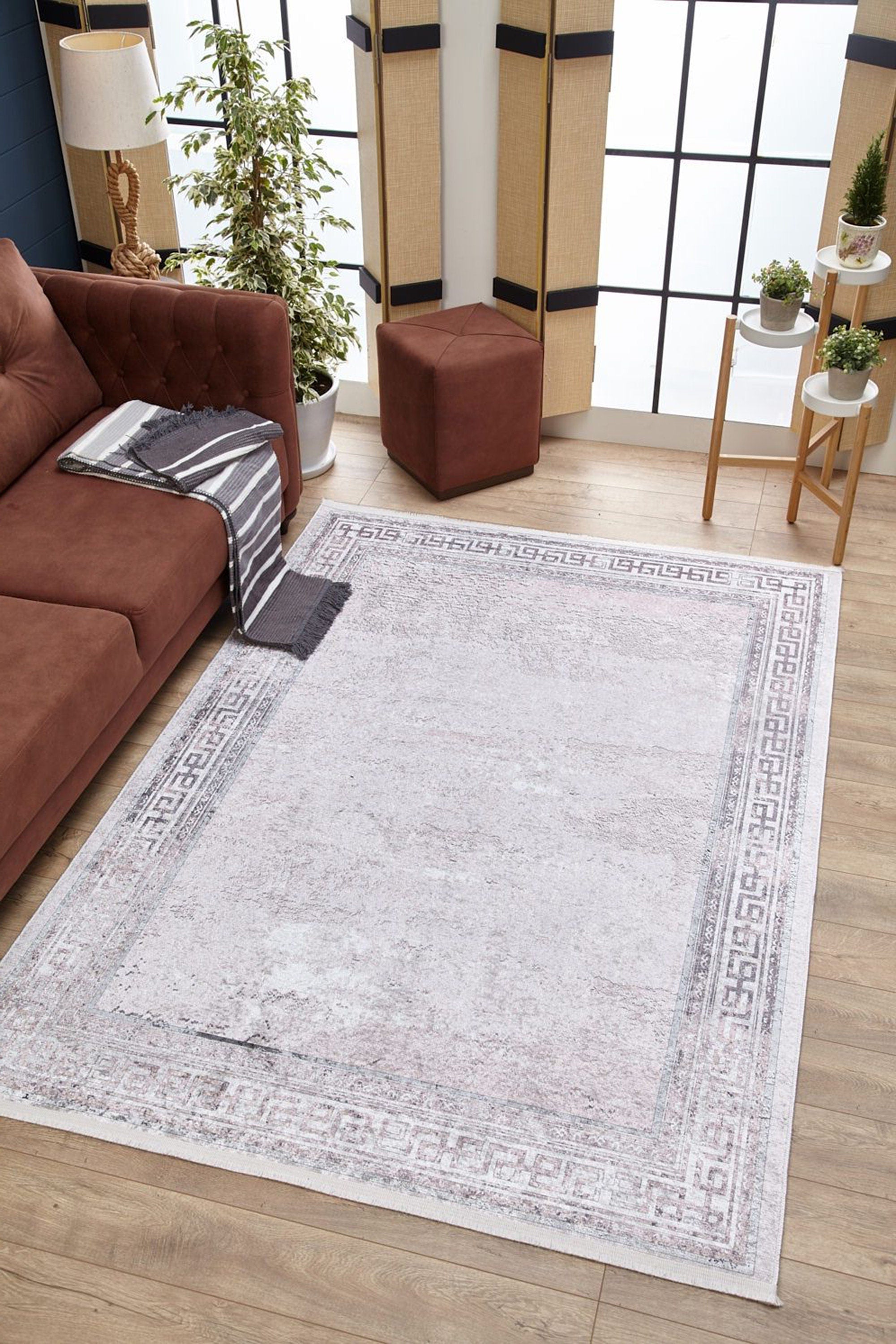 Beyaz Açık Pembe Gri Geometrik Desenli Halı - Pera Halı