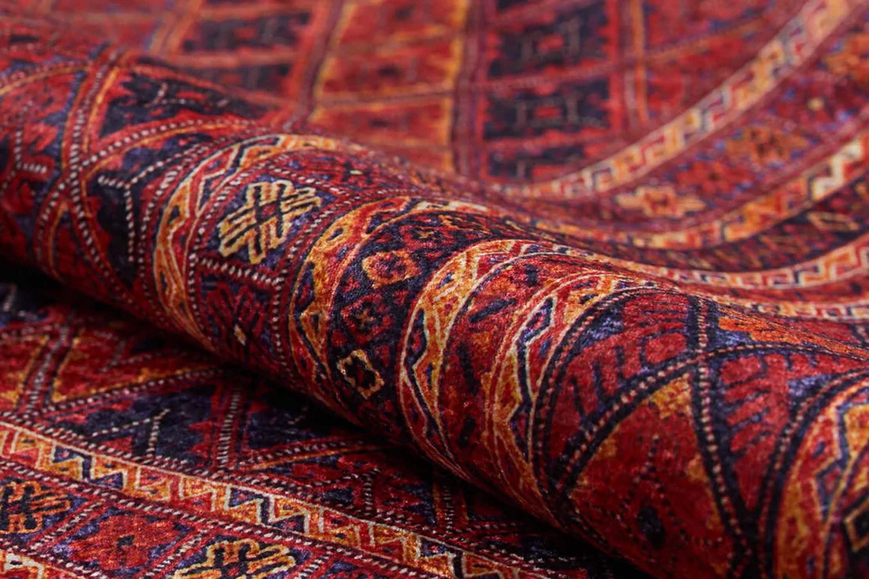 Kiremit Kırmızı ve Lacivert Geometrik Desenli Anadolu Kilim Halı-Pera Halı