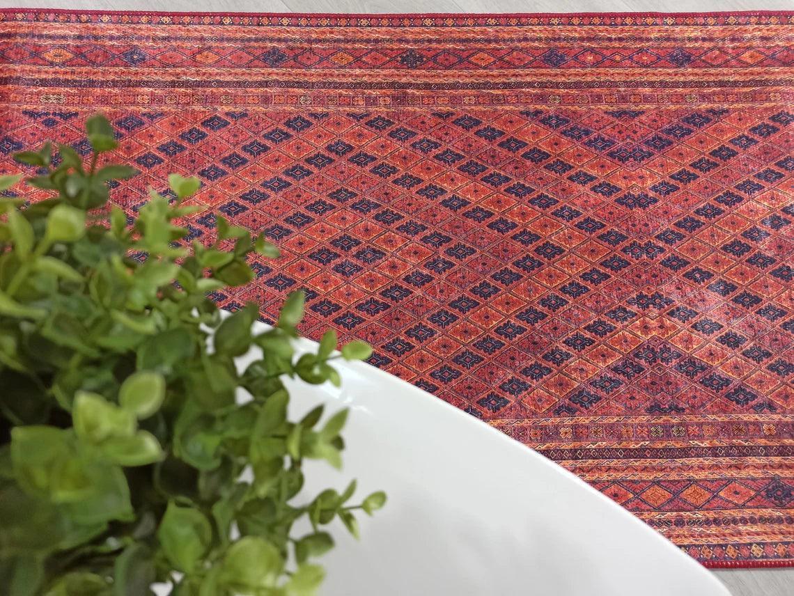 Kiremit Kırmızı ve Lacivert Geometrik Desenli Anadolu Kilim Halı-Pera Halı