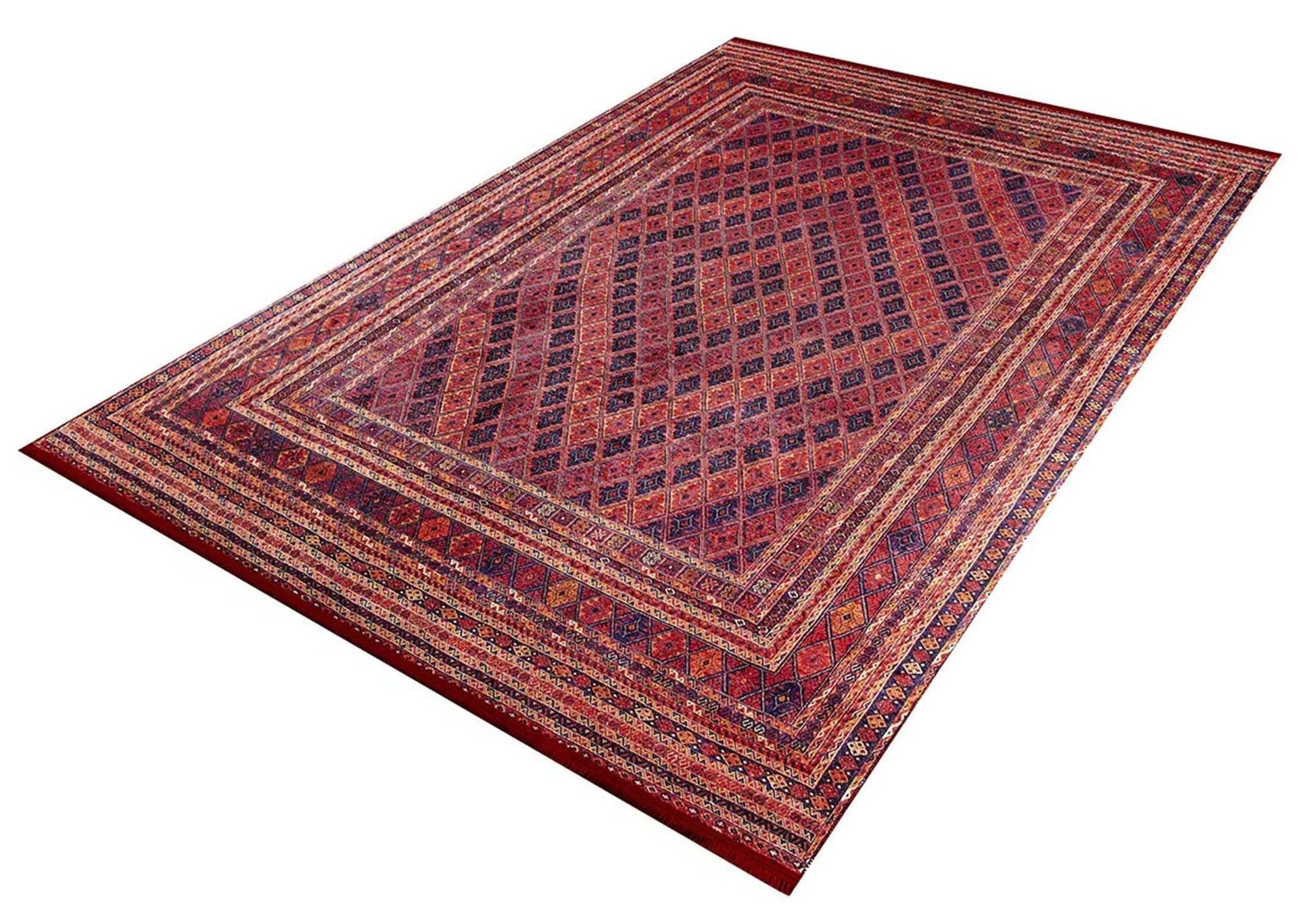 Kiremit Kırmızı ve Lacivert Geometrik Desenli Anadolu Kilim Halı-Pera Halı