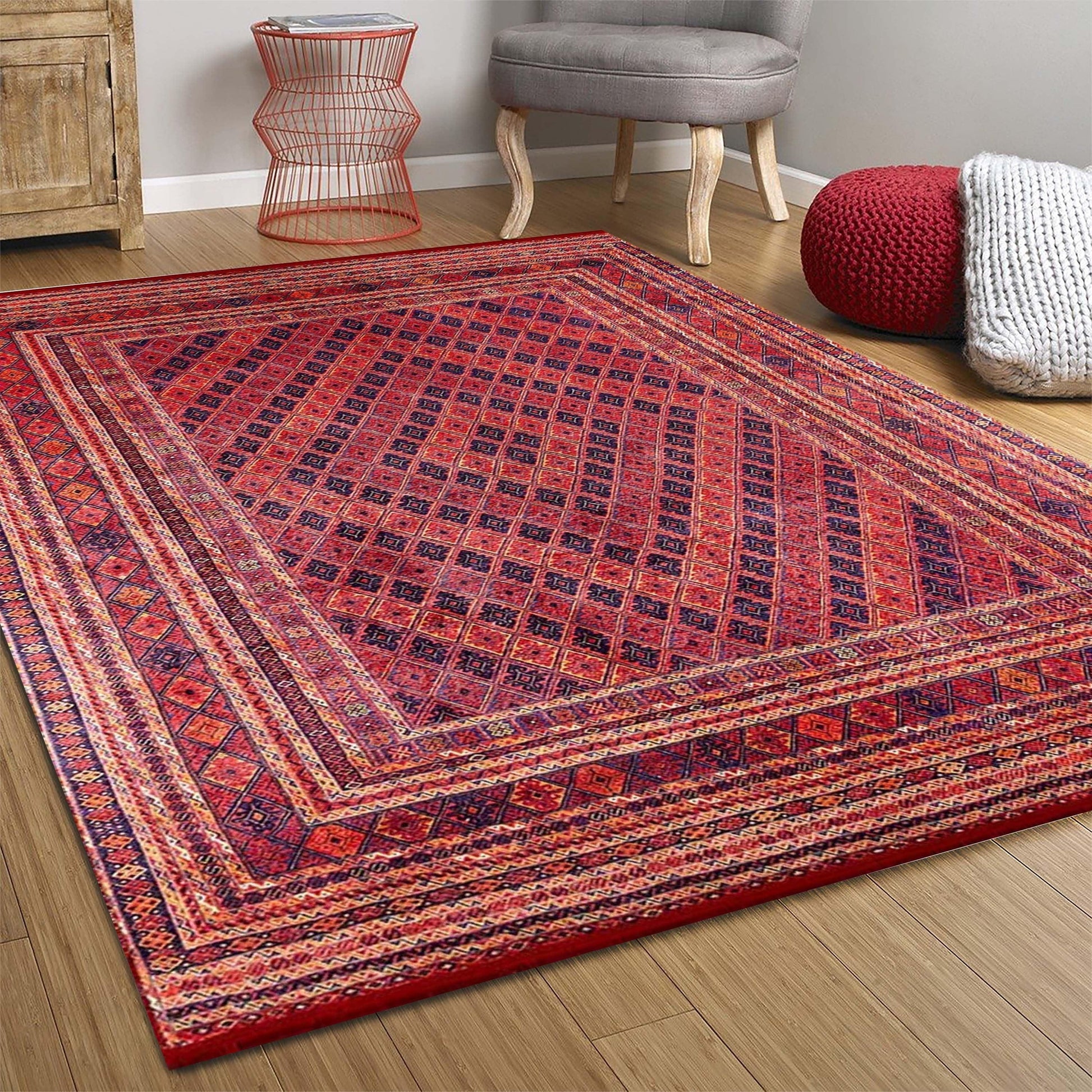 Kiremit Kırmızı ve Lacivert Geometrik Desenli Anadolu Kilim Halı-Pera Halı