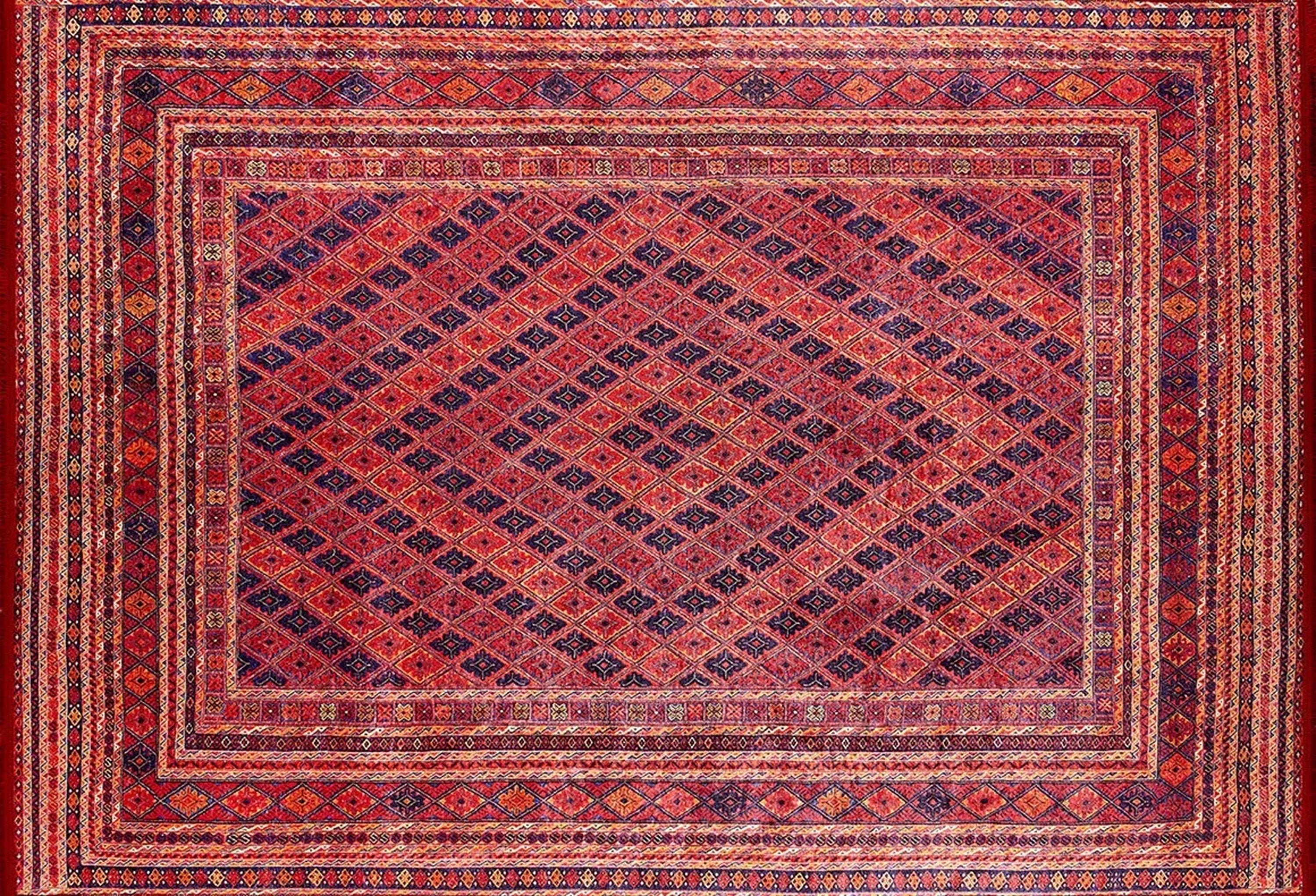 Kiremit Kırmızı ve Lacivert Geometrik Desenli Anadolu Kilim Halı-Pera Halı