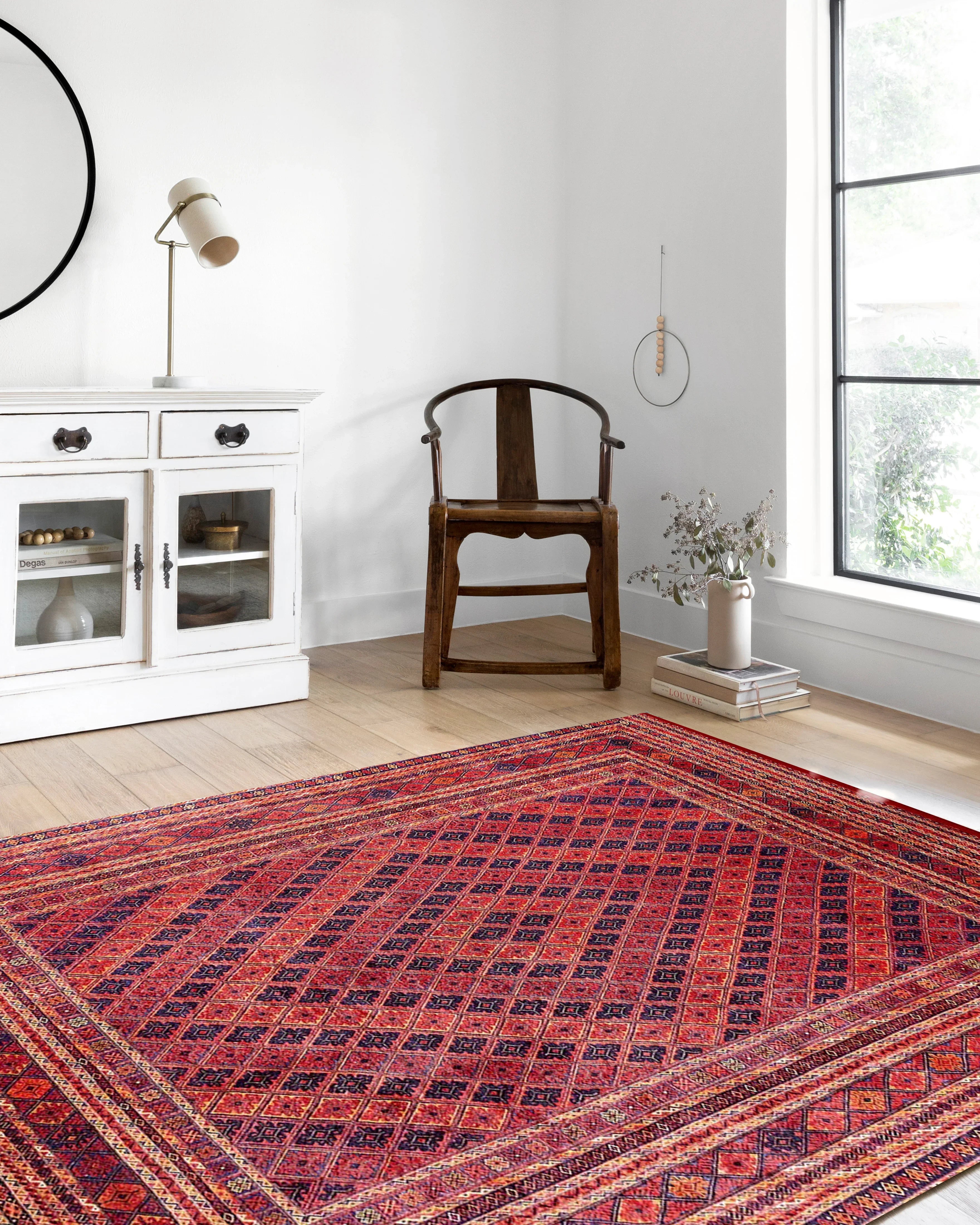 Kiremit Kırmızı ve Lacivert Geometrik Desenli Anadolu Kilim Halı-Pera Halı