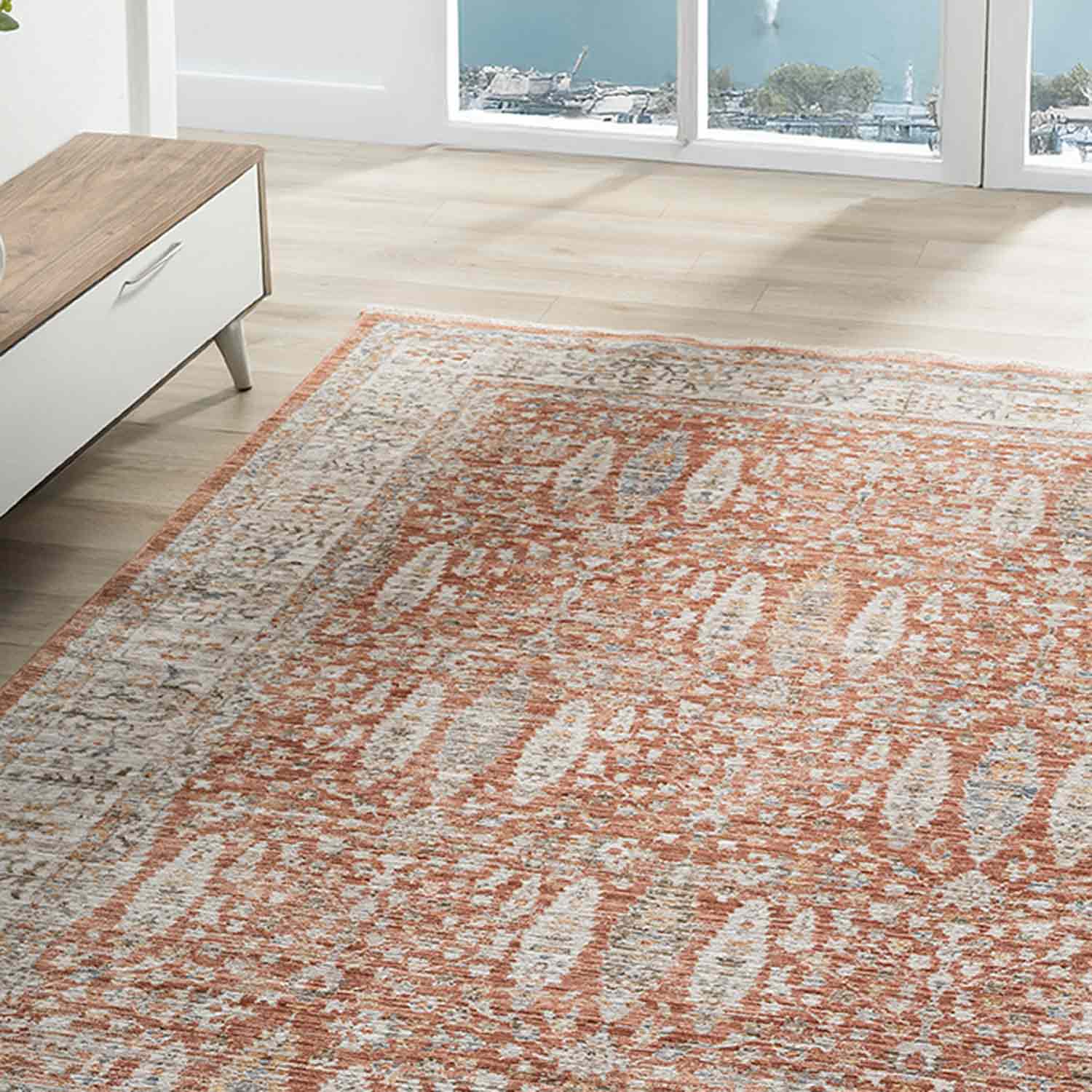 Kiremit Turuncu Gri Klasik Vintage Halı-Pera Halı