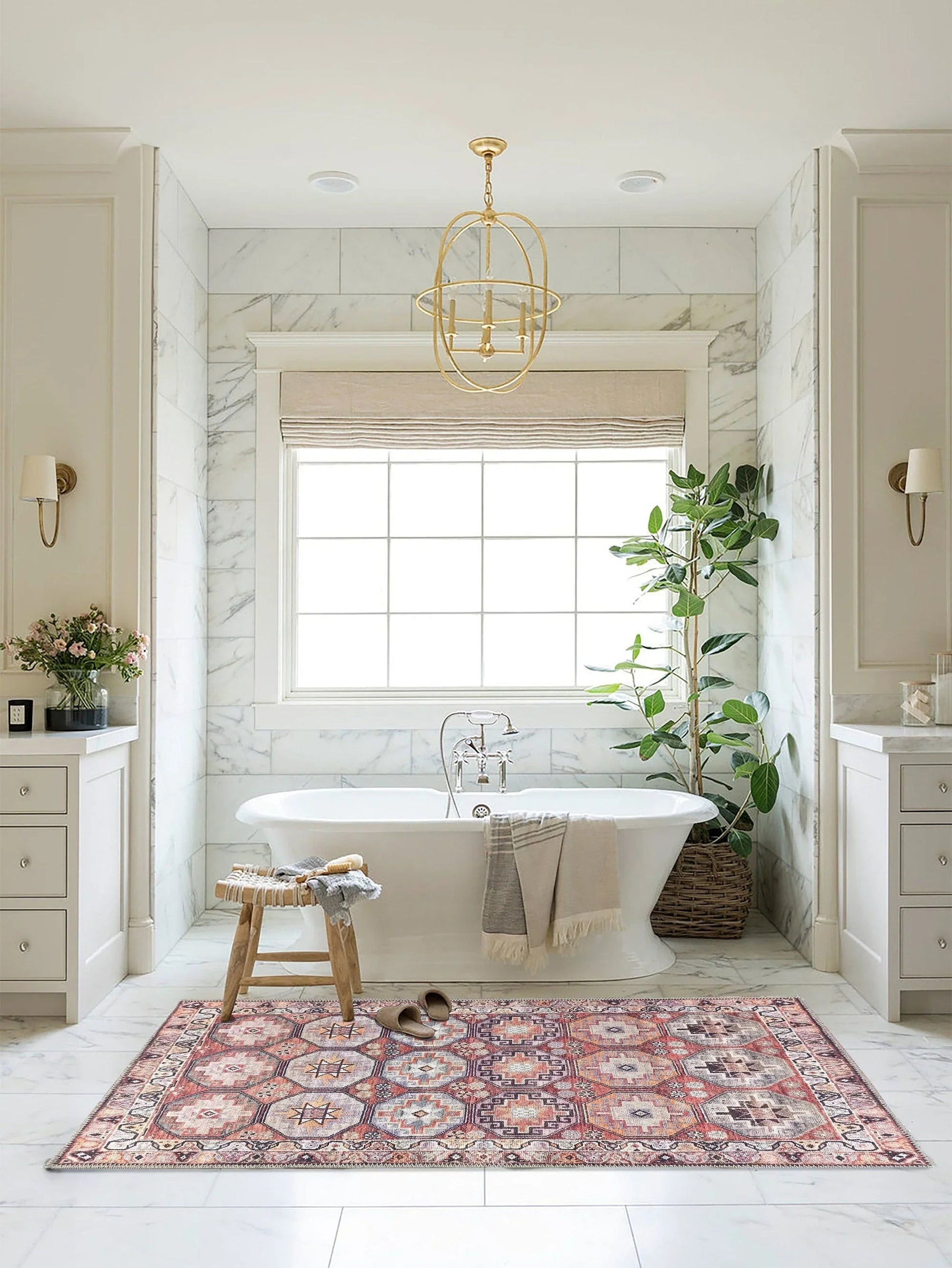 Kiremit ve Geometrik Desenli Vintage Halı-Pera Halı