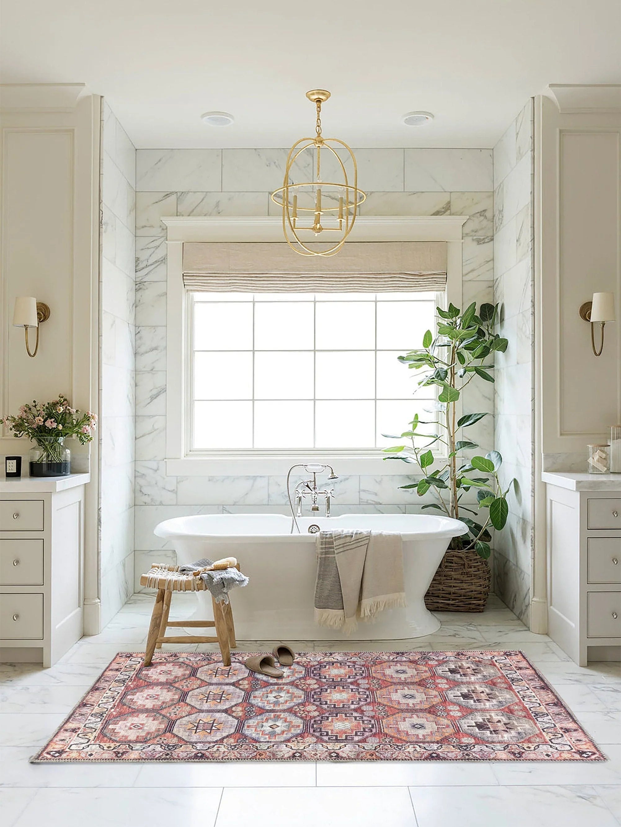 Kiremit ve Geometrik Desenli Vintage Halı-Pera Halı