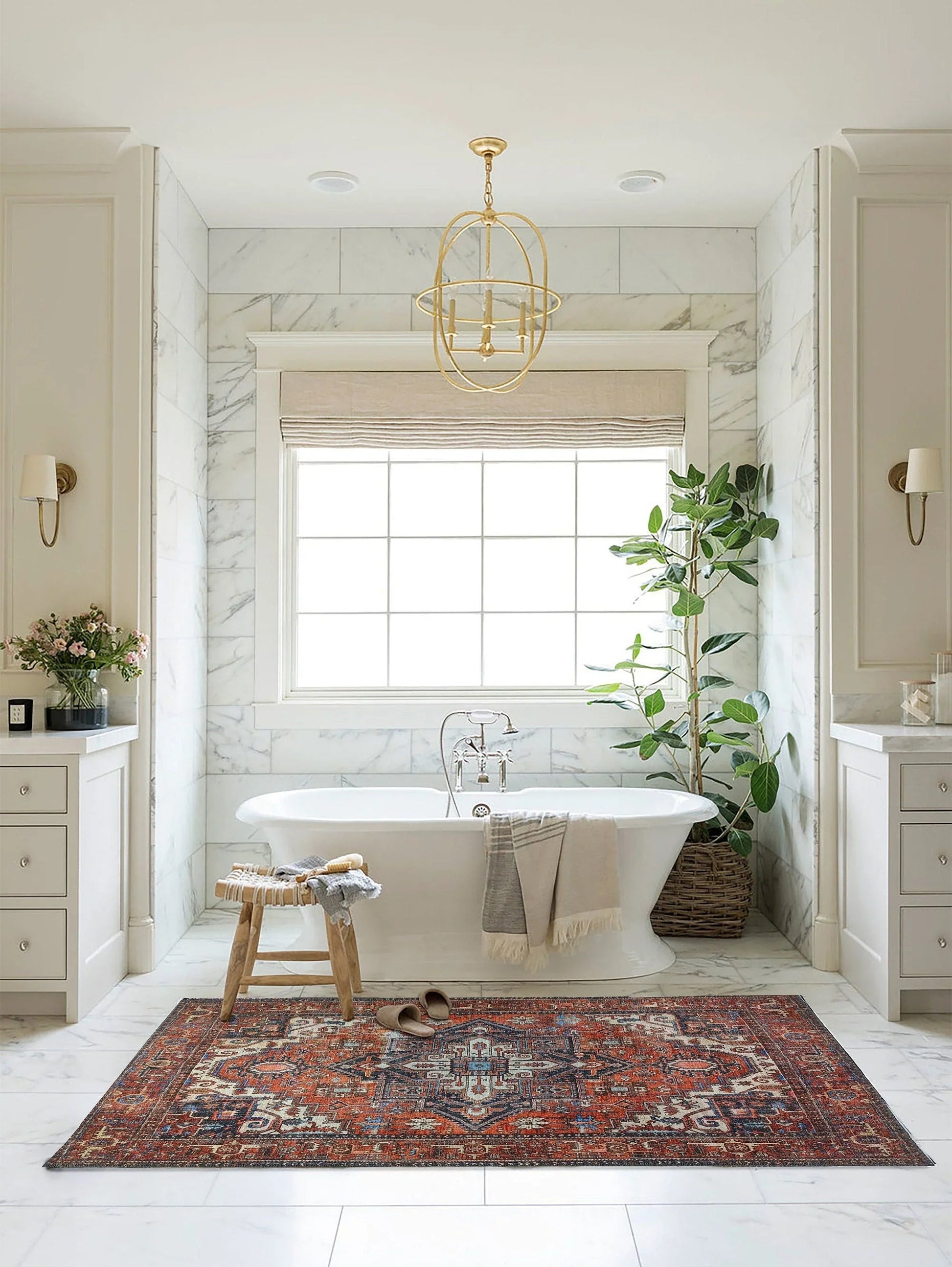 Kiremit ve Turuncu Tonlu İran Tarzı Vintage Halı-Pera Halı