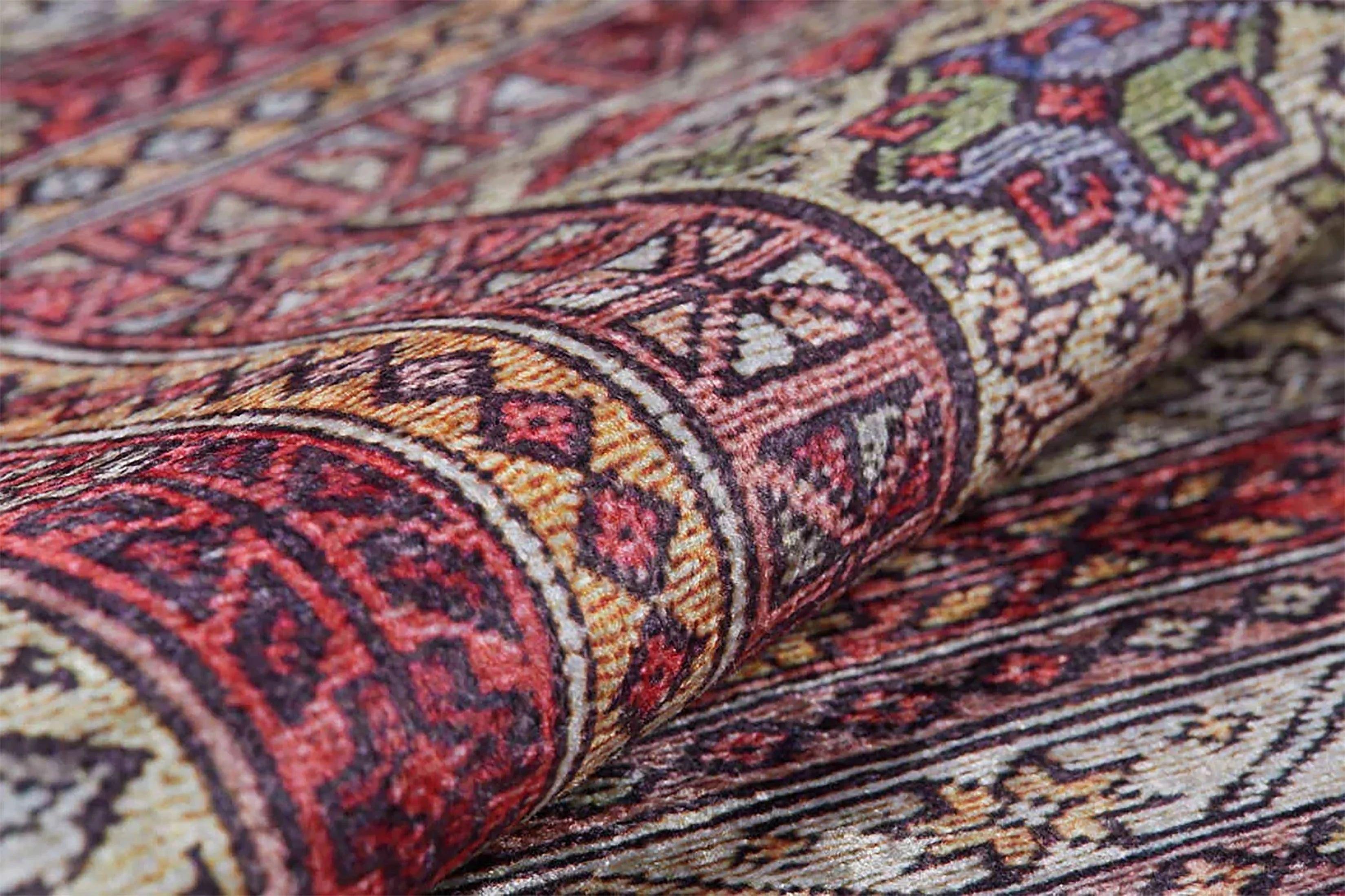 Kırmızı Bej Geleneksel Otantik Desenli Etnik Halı-Pera Halı