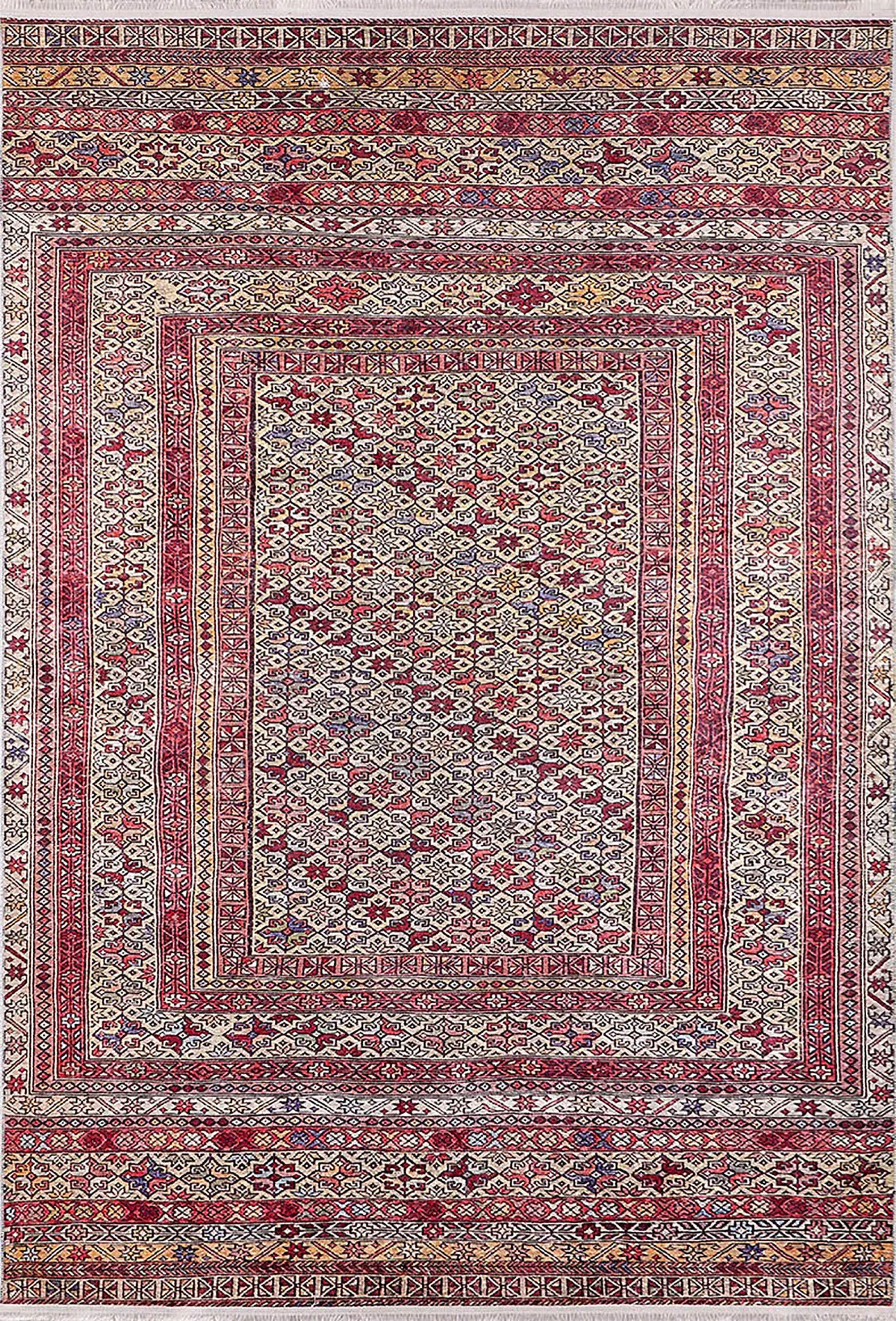 Kırmızı Bej Geleneksel Otantik Desenli Etnik Halı-Pera Halı