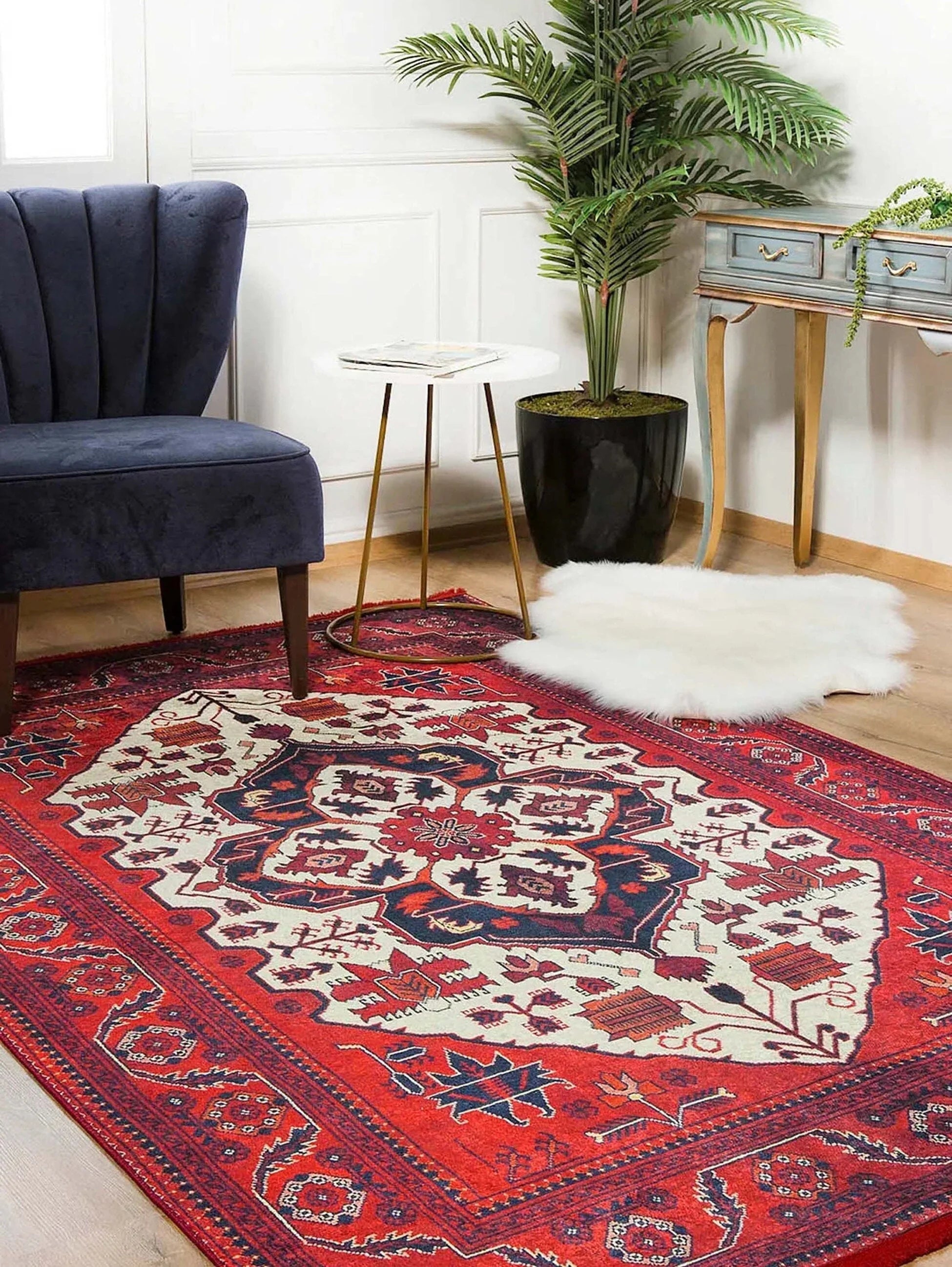 Kırmızı Bej Geometrik Desenli Anadolu Kilim Halı-Pera Halı