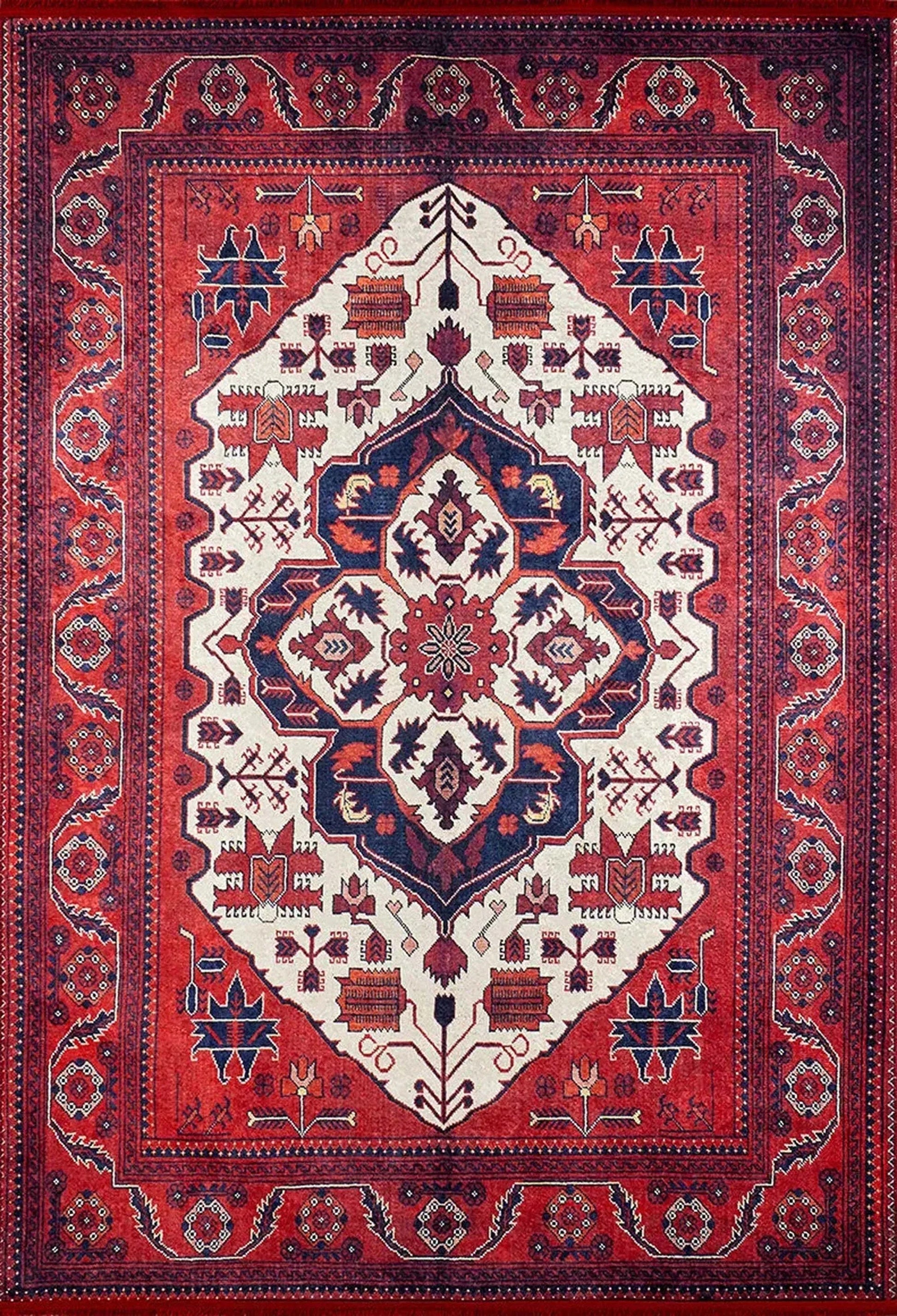 Kırmızı Bej Geometrik Desenli Anadolu Kilim Halı-Pera Halı