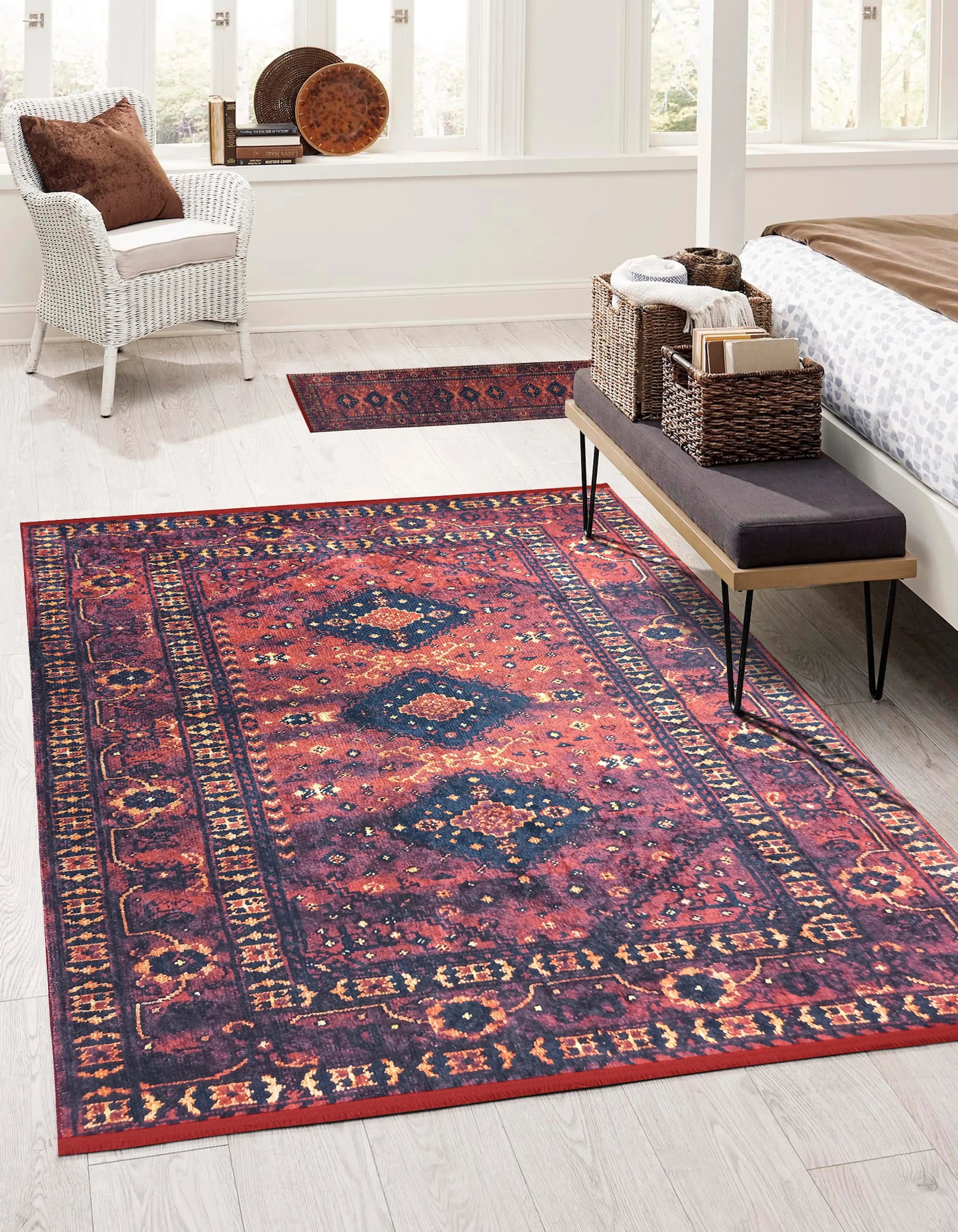 Kırmızı Lacivert Geometrik Desenli Halı-Pera Halı