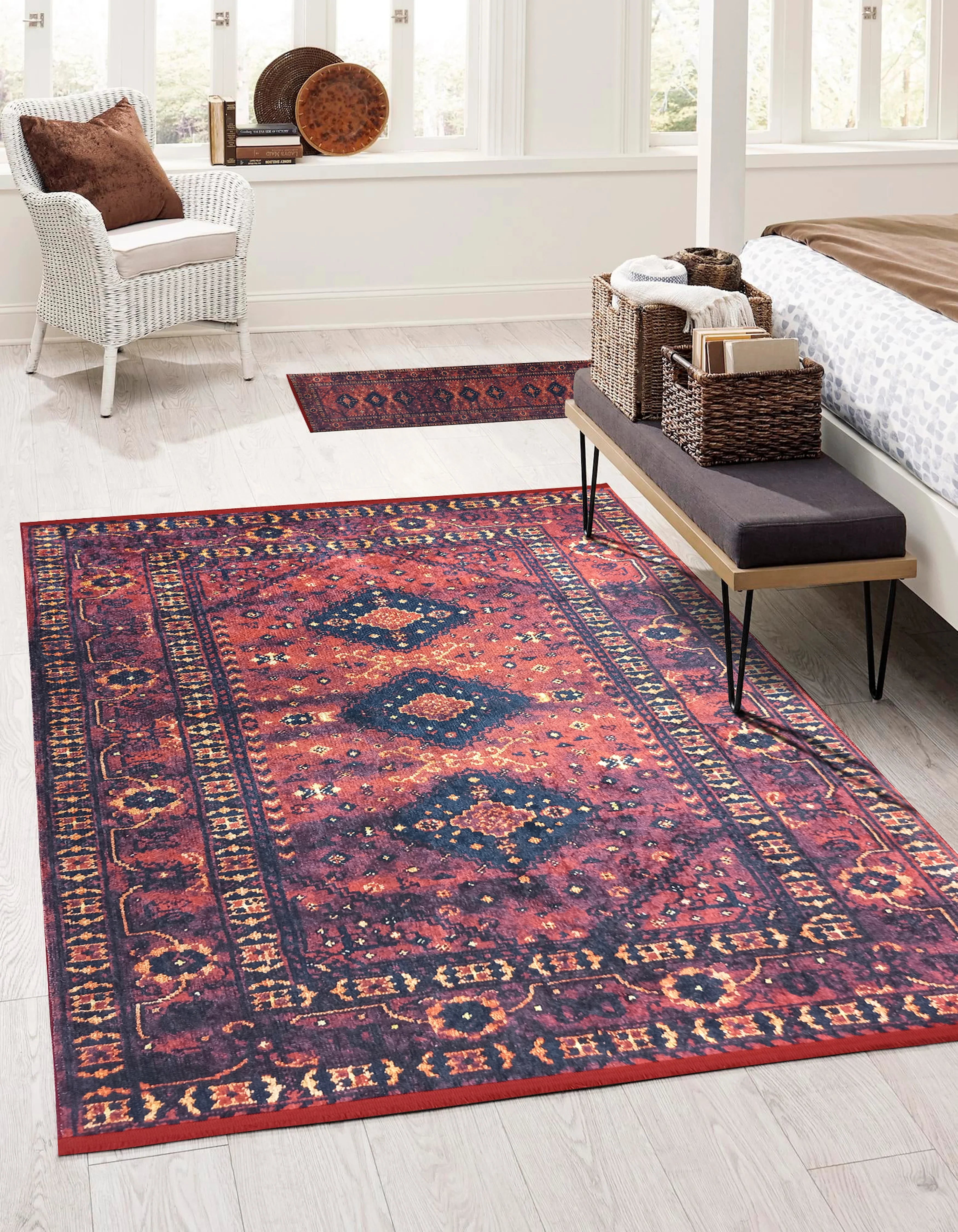 Kırmızı Lacivert Geometrik Desenli Halı-Pera Halı