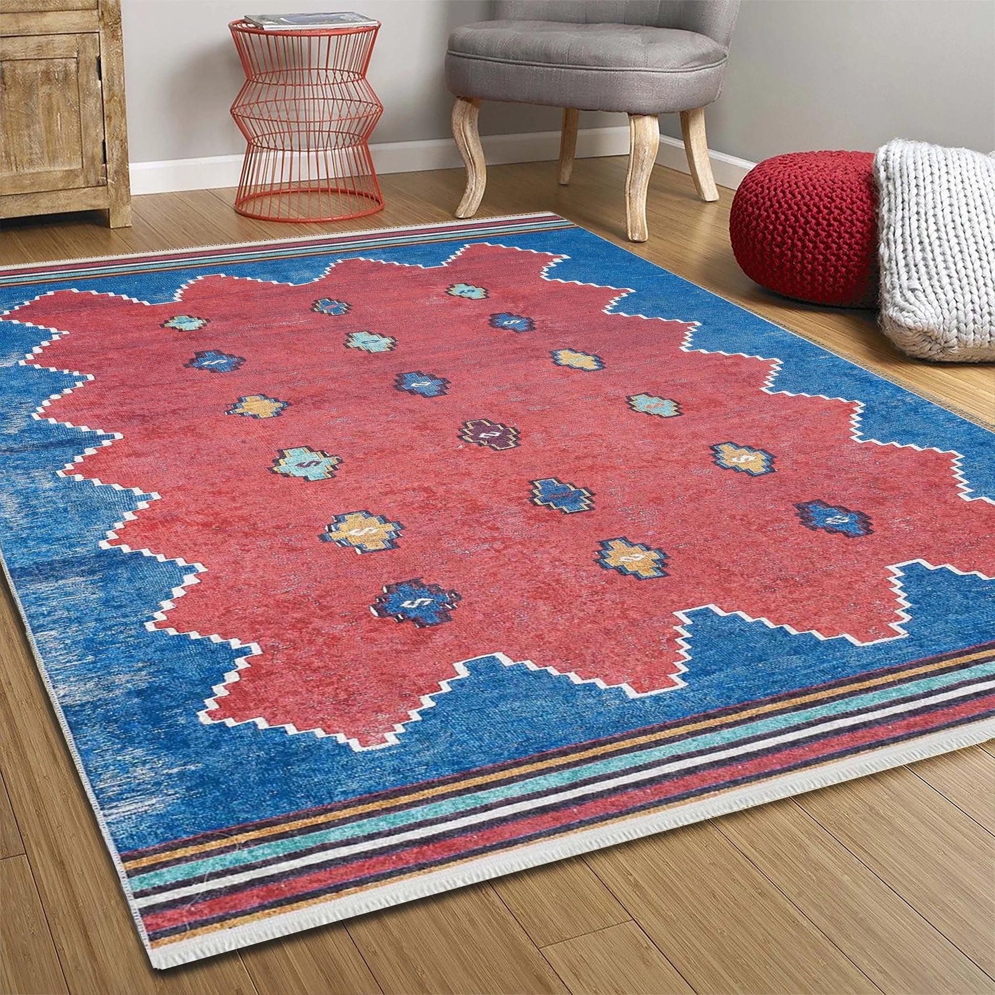 Kırmızı Mavi Geometrik Desenli Düz Dokuma Kilim Halı-Pera Halı