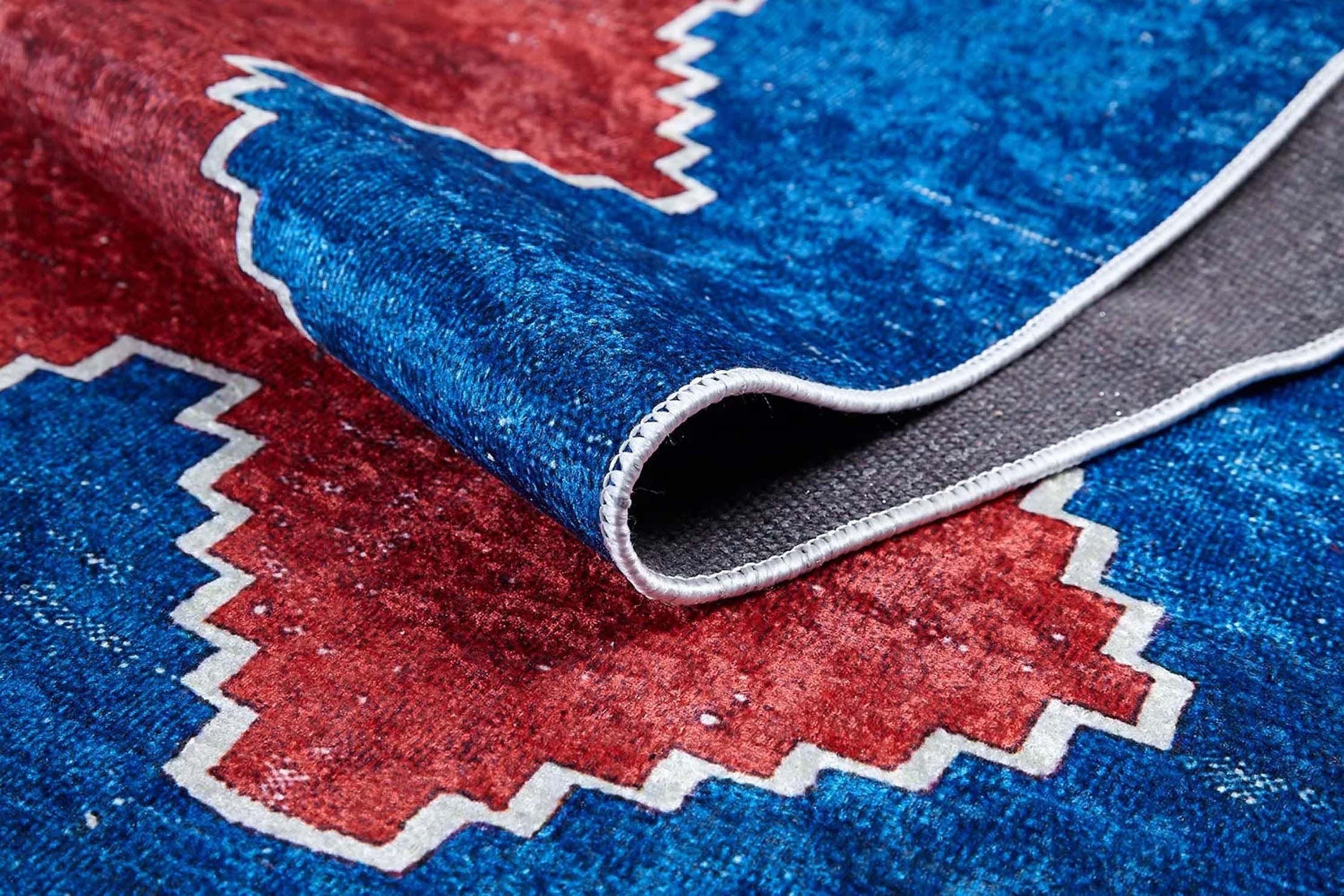 Kırmızı Mavi Geometrik Desenli Düz Dokuma Kilim Halı-Pera Halı