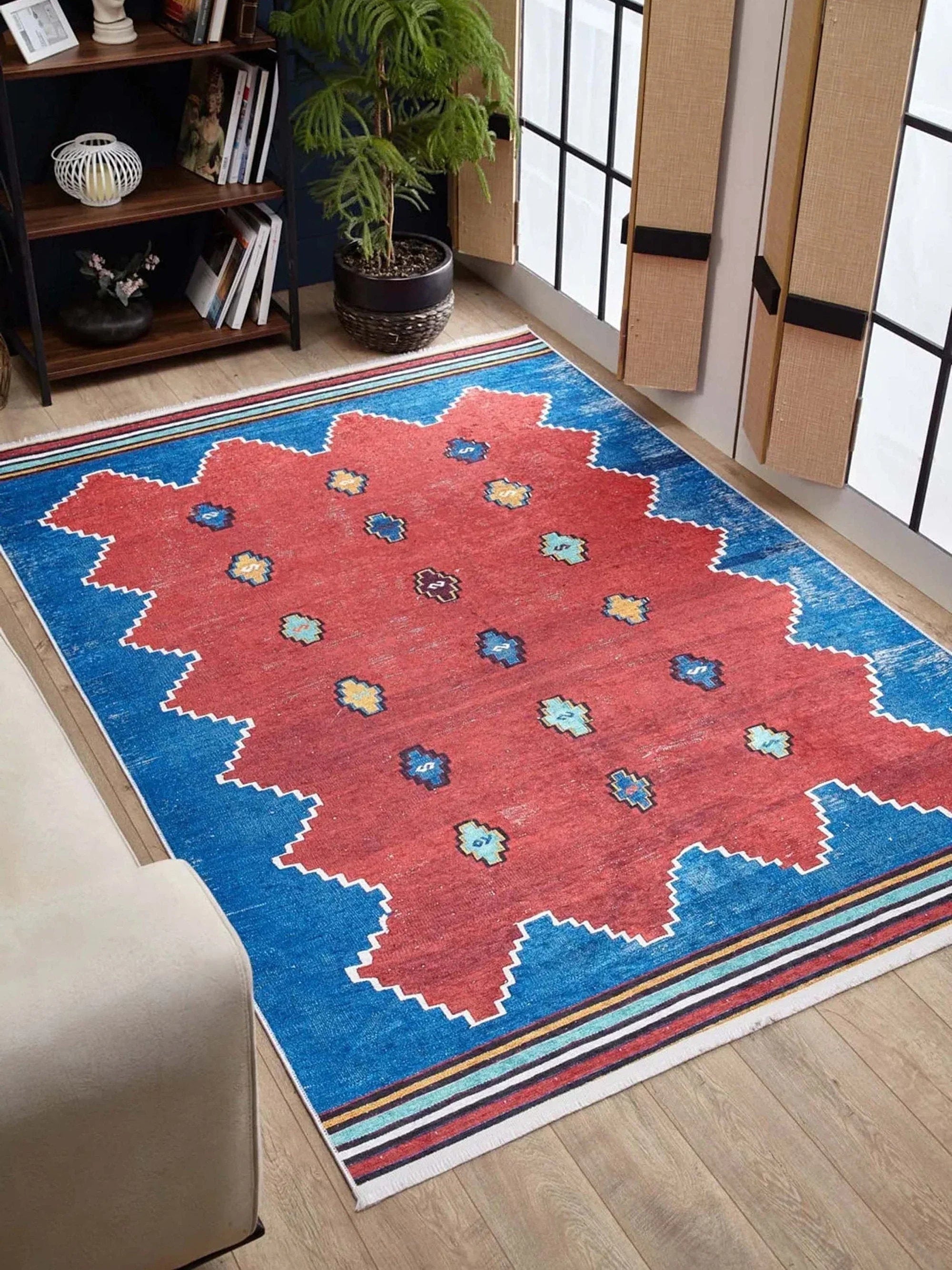 Kırmızı Mavi Geometrik Desenli Düz Dokuma Kilim Halı-Pera Halı