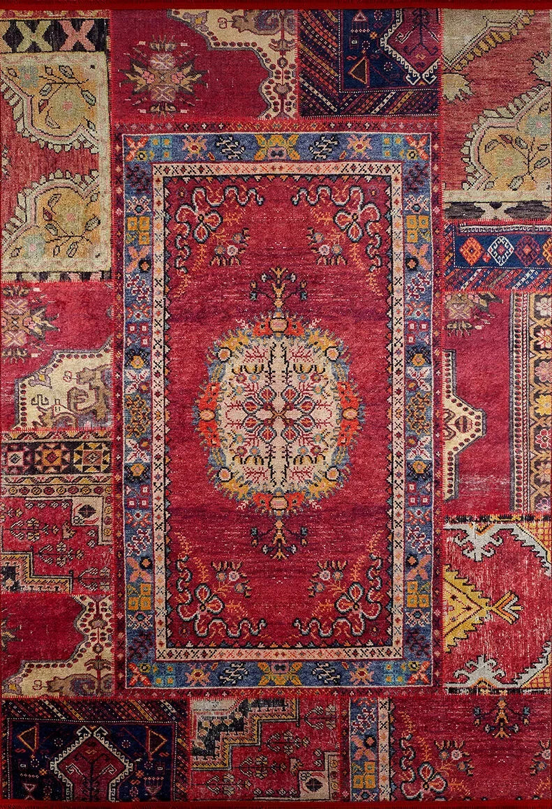 Kırmızı Otantik Desenli Patchwork Halı-Pera Halı