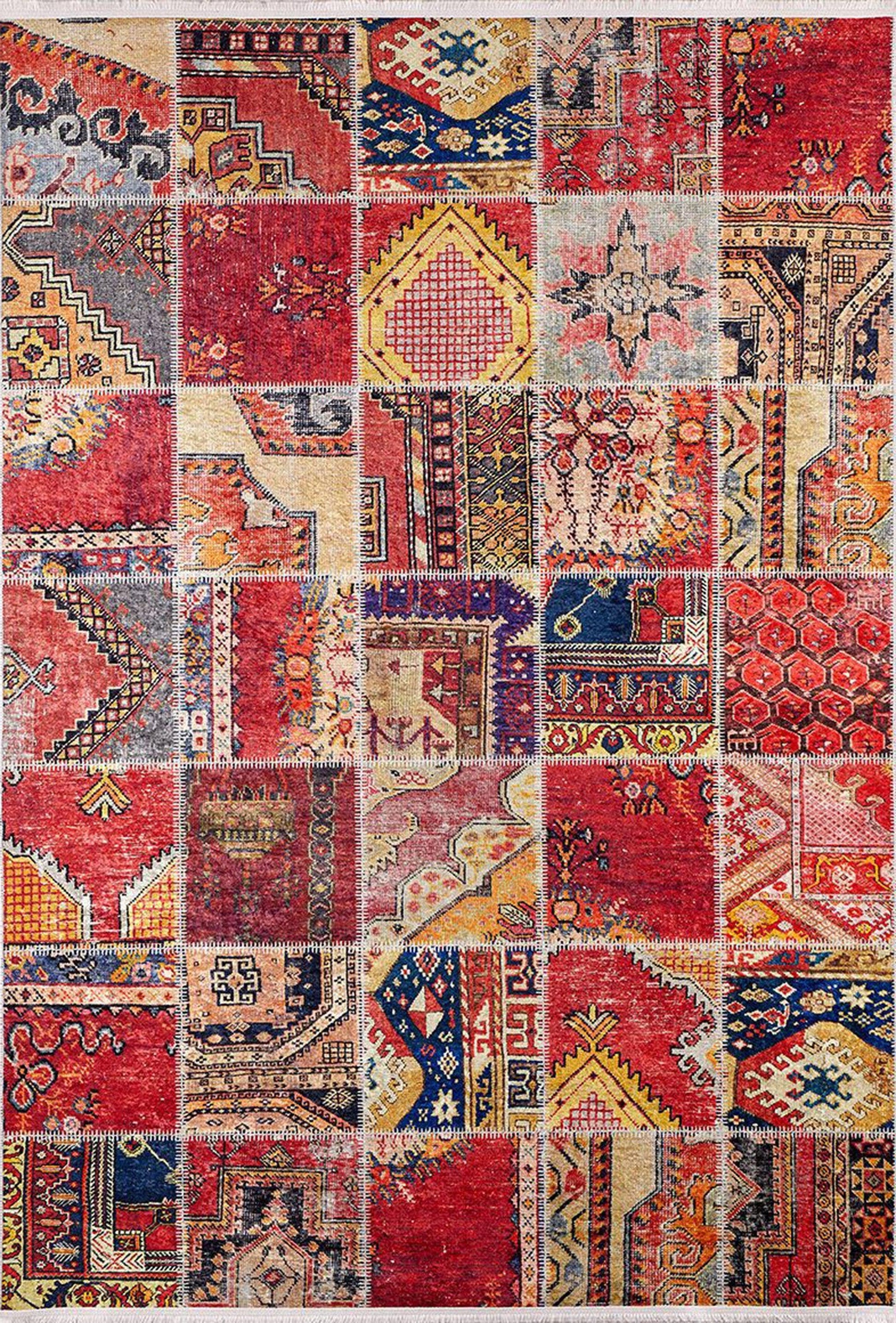 Kırmızı Patchwork Desenli Halı-Pera Halı