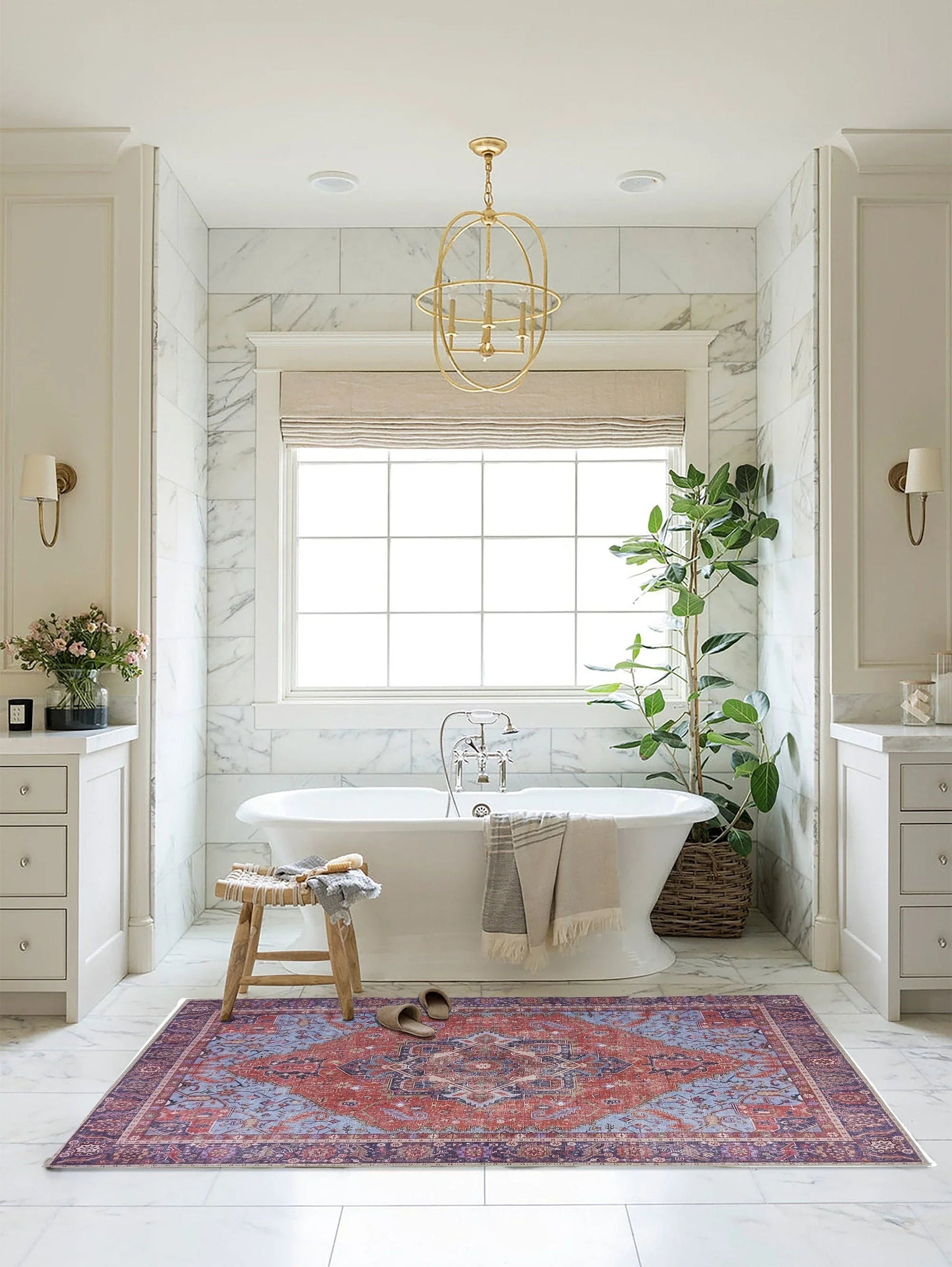 Kırmızı ve Mavi Madalyon Desenli Vintage Halı-Pera Halı