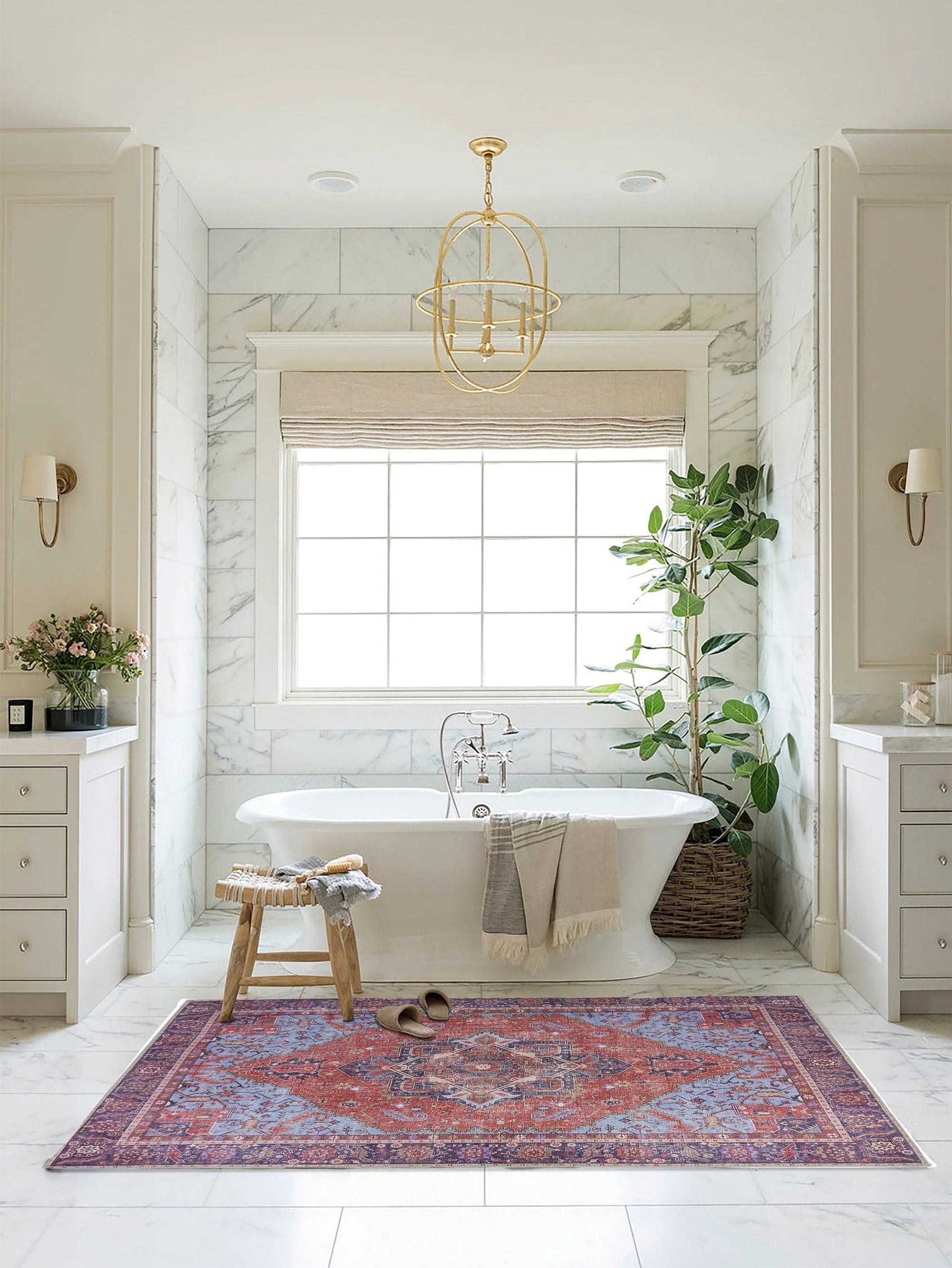 Kırmızı ve Mavi Madalyon Desenli Vintage Halı-Pera Halı