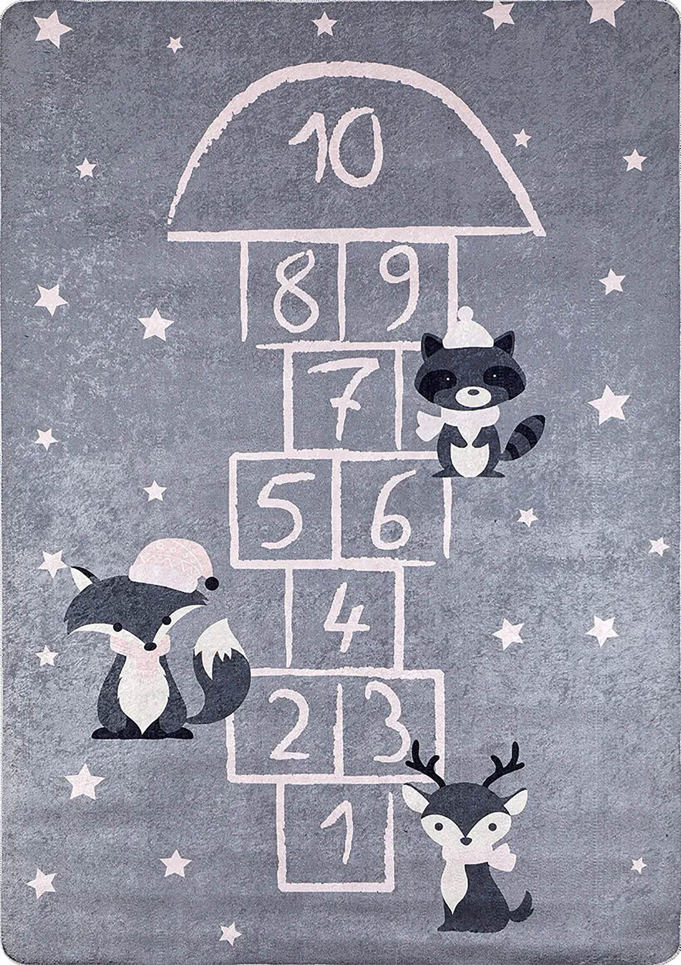 Kış Hayvanları Temalı Seksek Gri Çocuk Halısı-Pera Halı