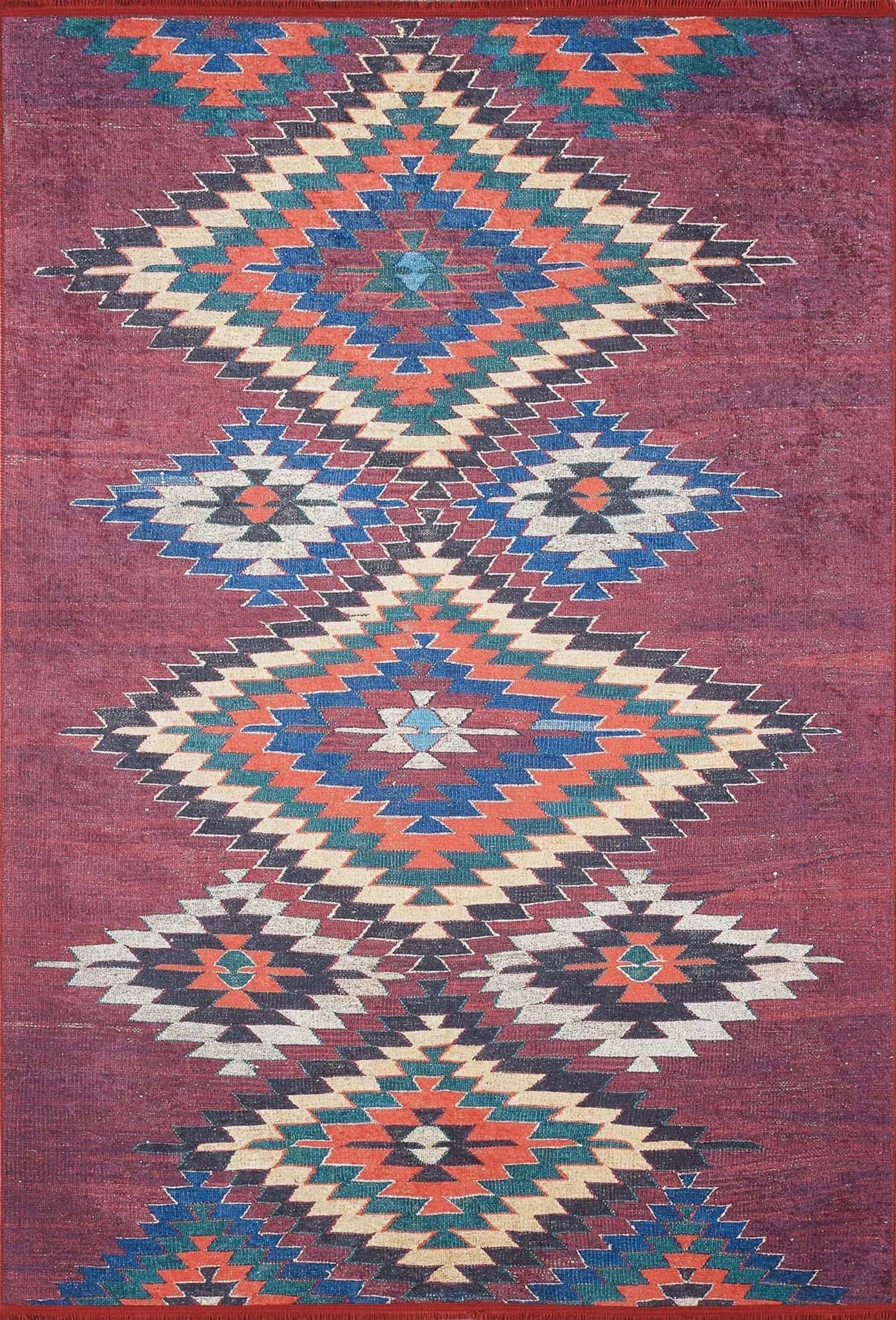 Koyu Kırmızı Geometrik Desenli Anadolu Kilim Halı-Pera Halı