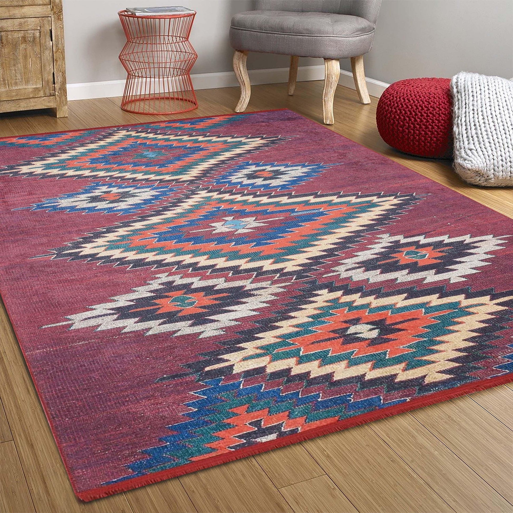 Koyu Kırmızı Geometrik Desenli Anadolu Kilim Halı-Pera Halı