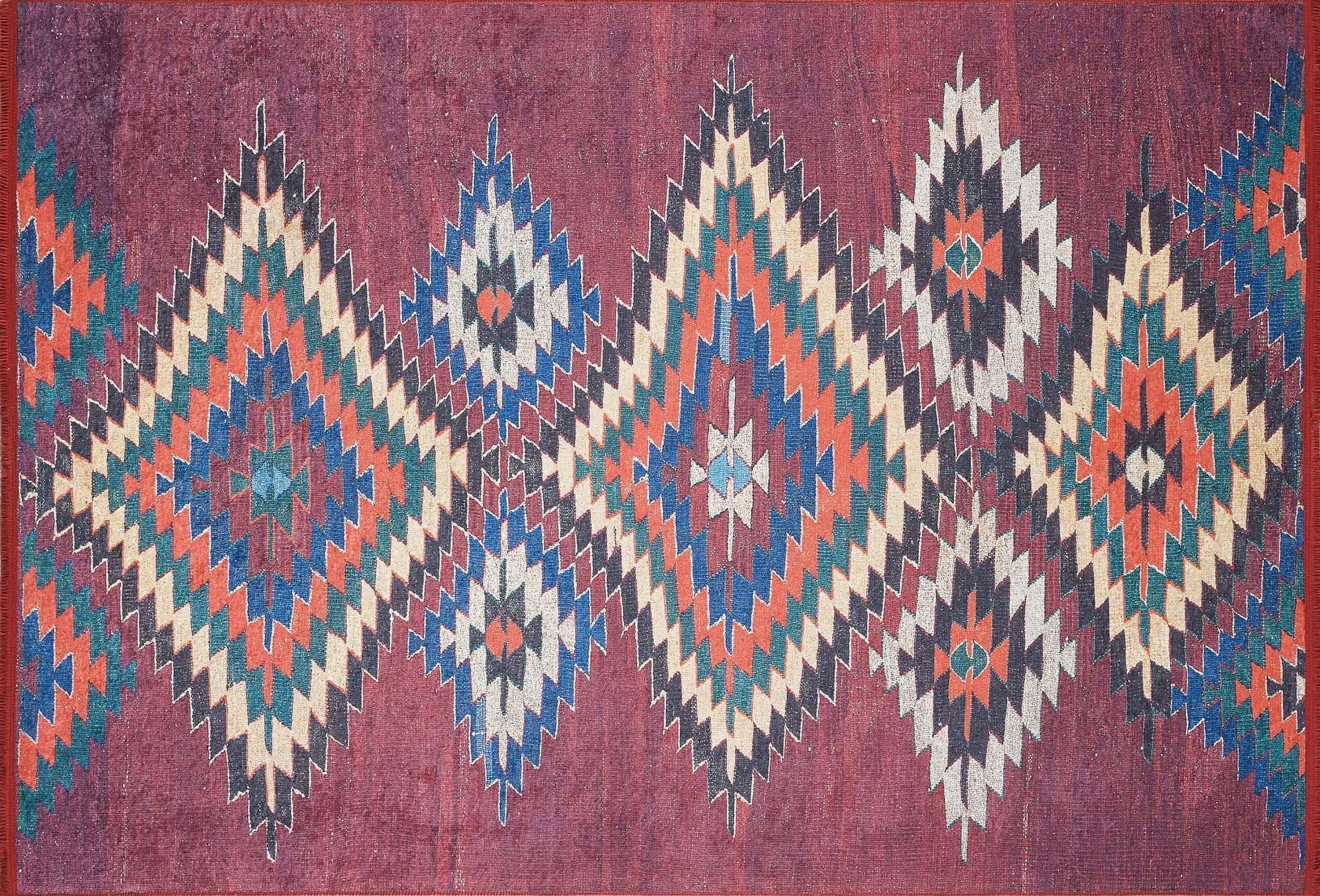 Koyu Kırmızı Geometrik Desenli Anadolu Kilim Halı-Pera Halı