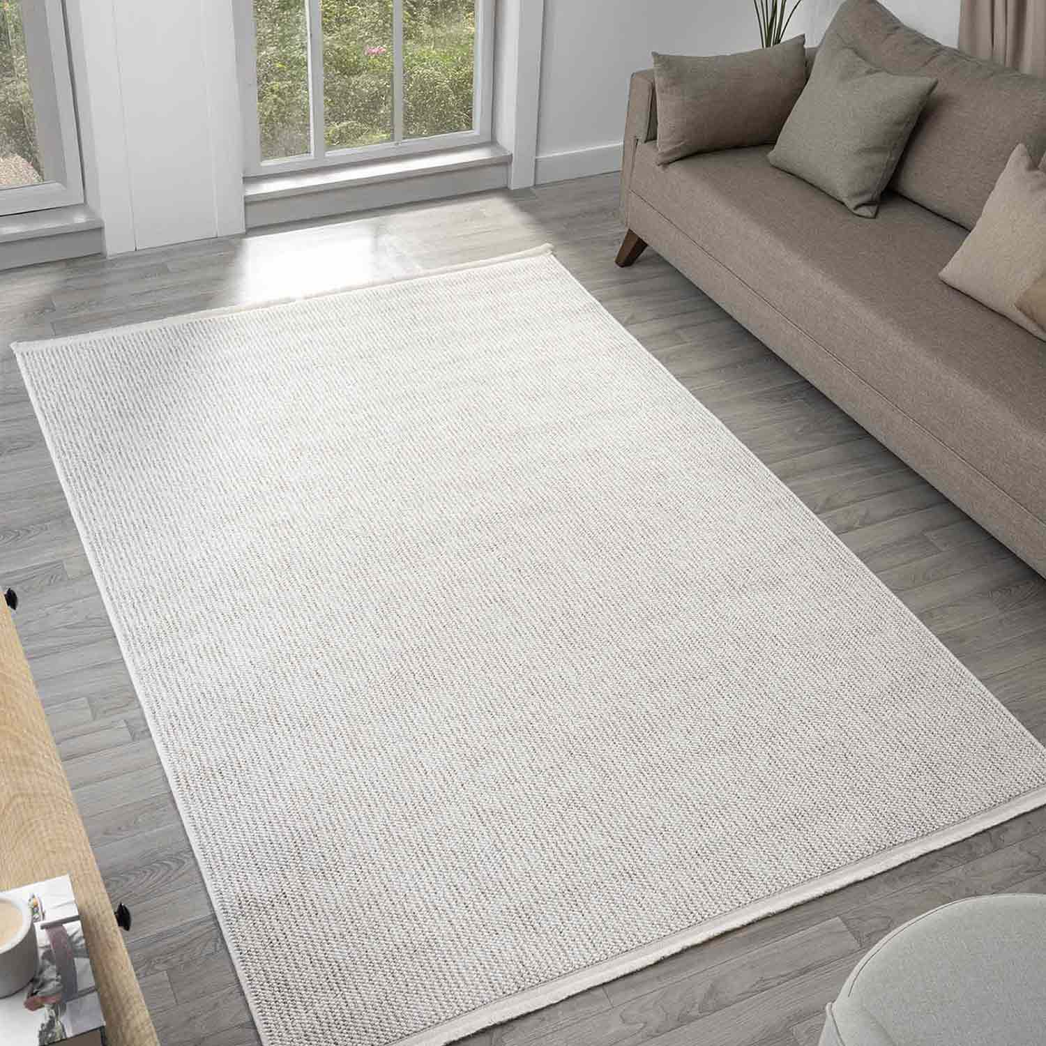 Krem Bej Bukle Dokulu Düz Renk Modern Halı-Pera Halı