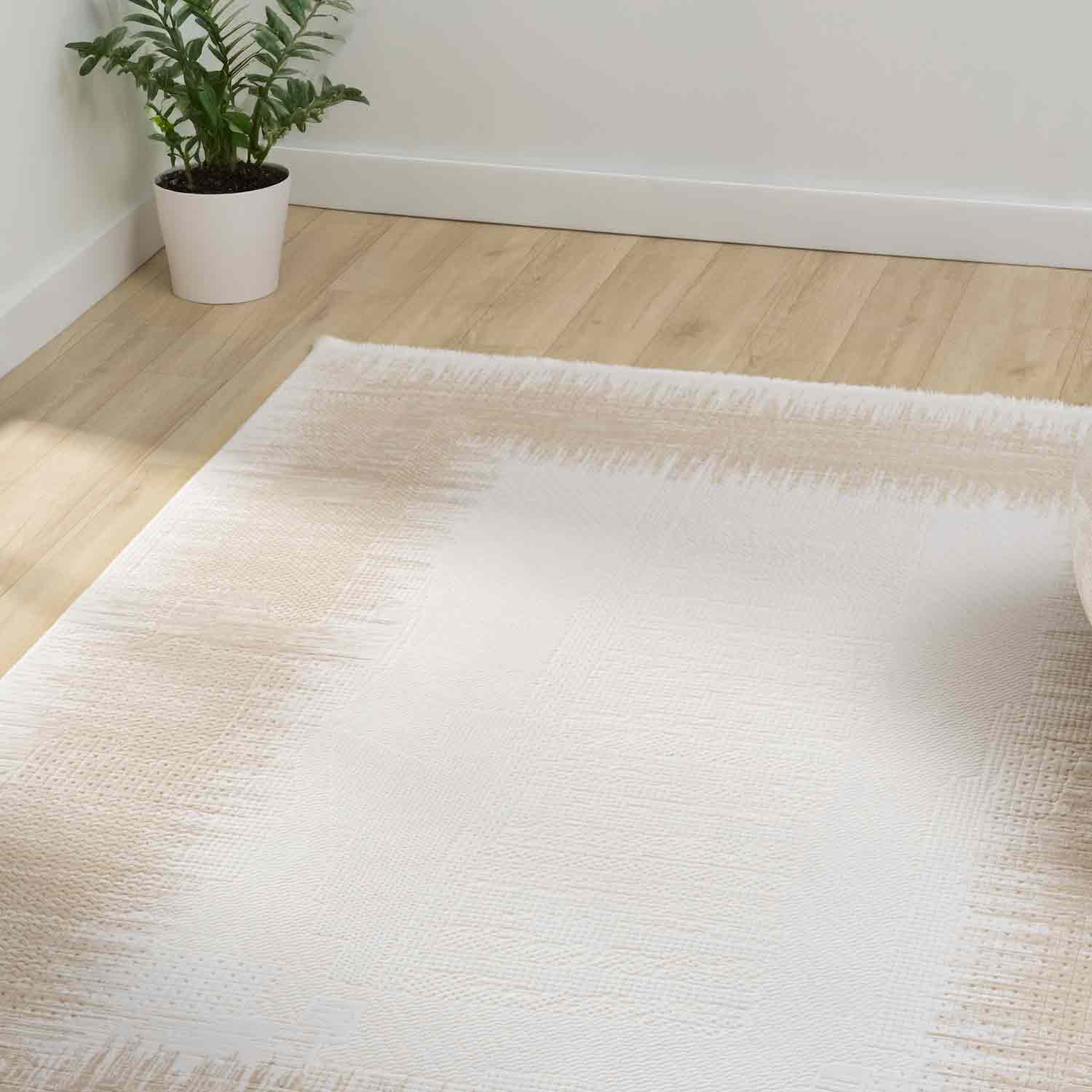 Krem Bej Eskitme Bordürlü Sade Modern Halı-Pera Halı