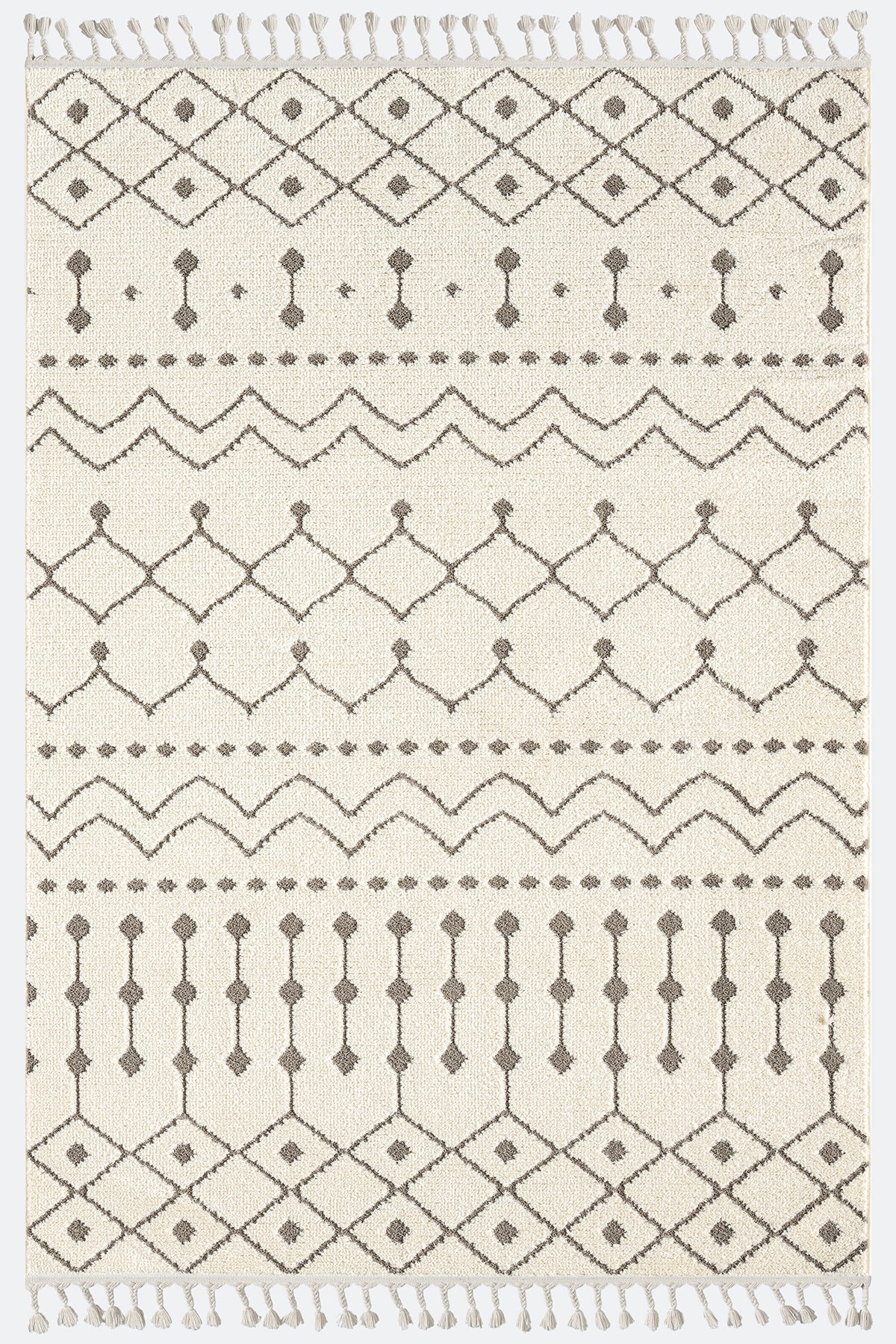 Krem Bej Etnik Geometrik Saçaklı Modern Halı-Pera Halı