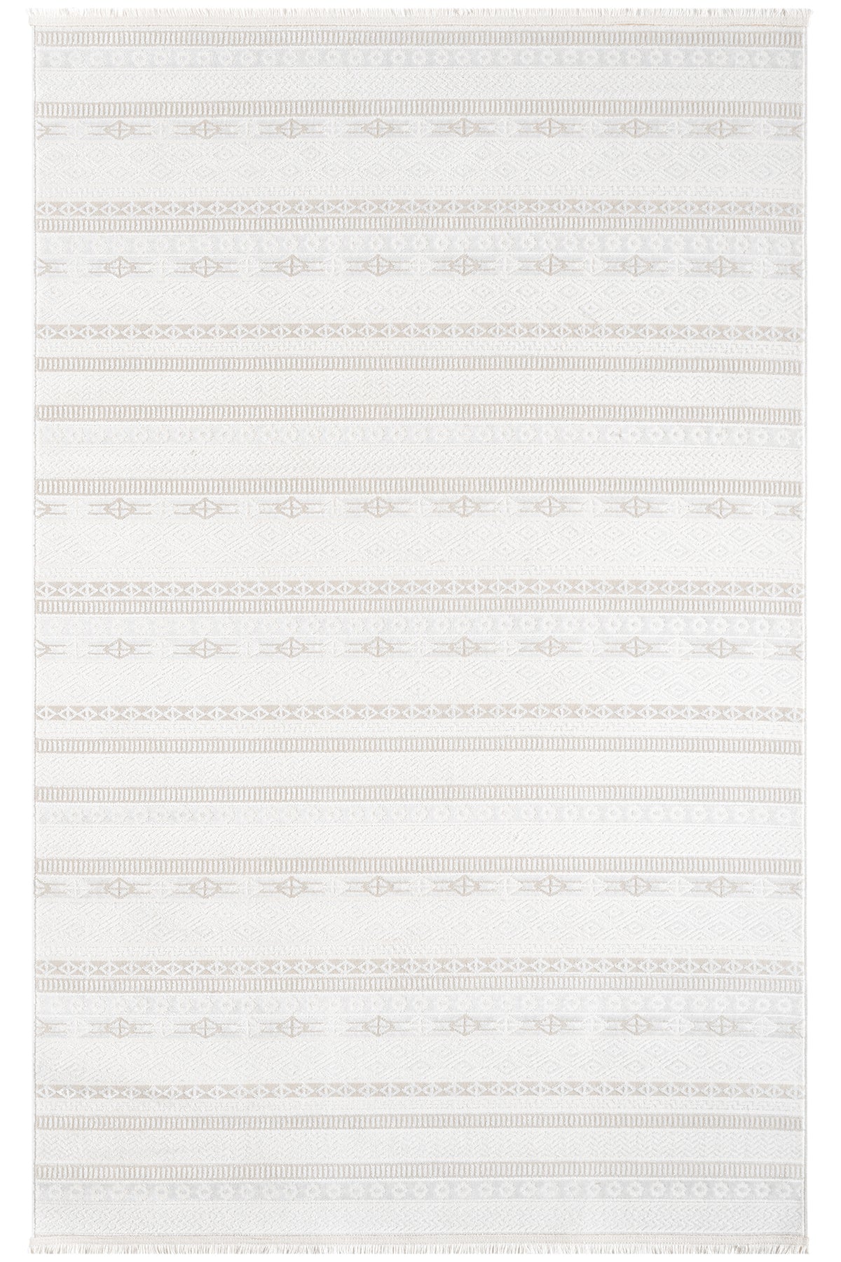 Krem Bej Etnik Şerit Desenli Modern Halı-Pera Halı