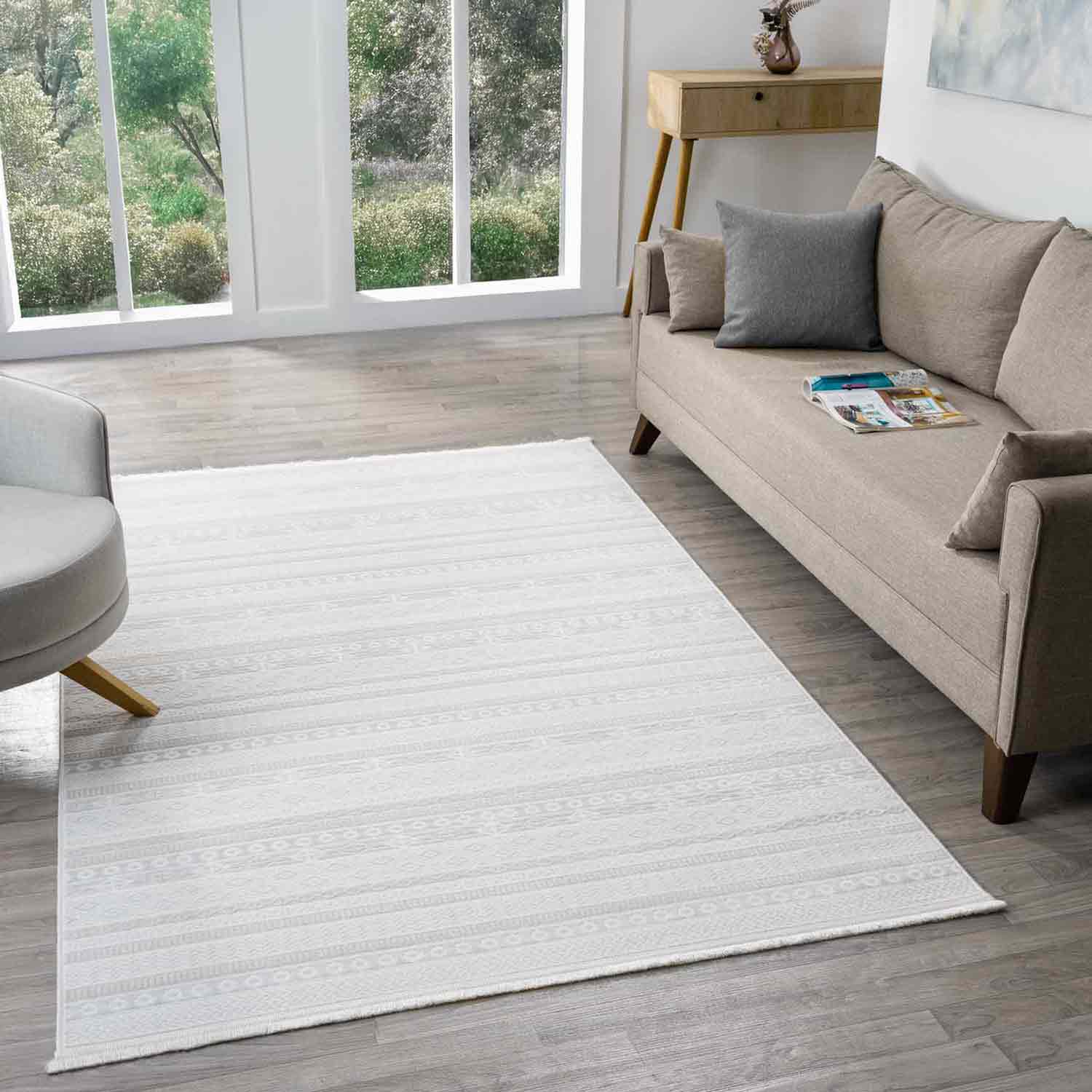 Krem Bej Etnik Şerit Desenli Modern Halı-Pera Halı