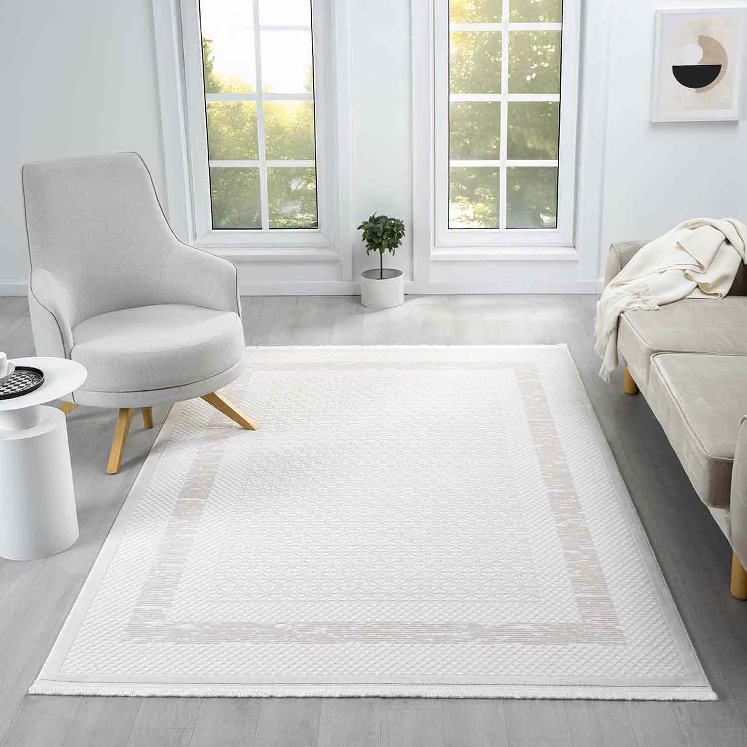 Krem Bej Geometrik Desenli Modern Halı-Pera Halı