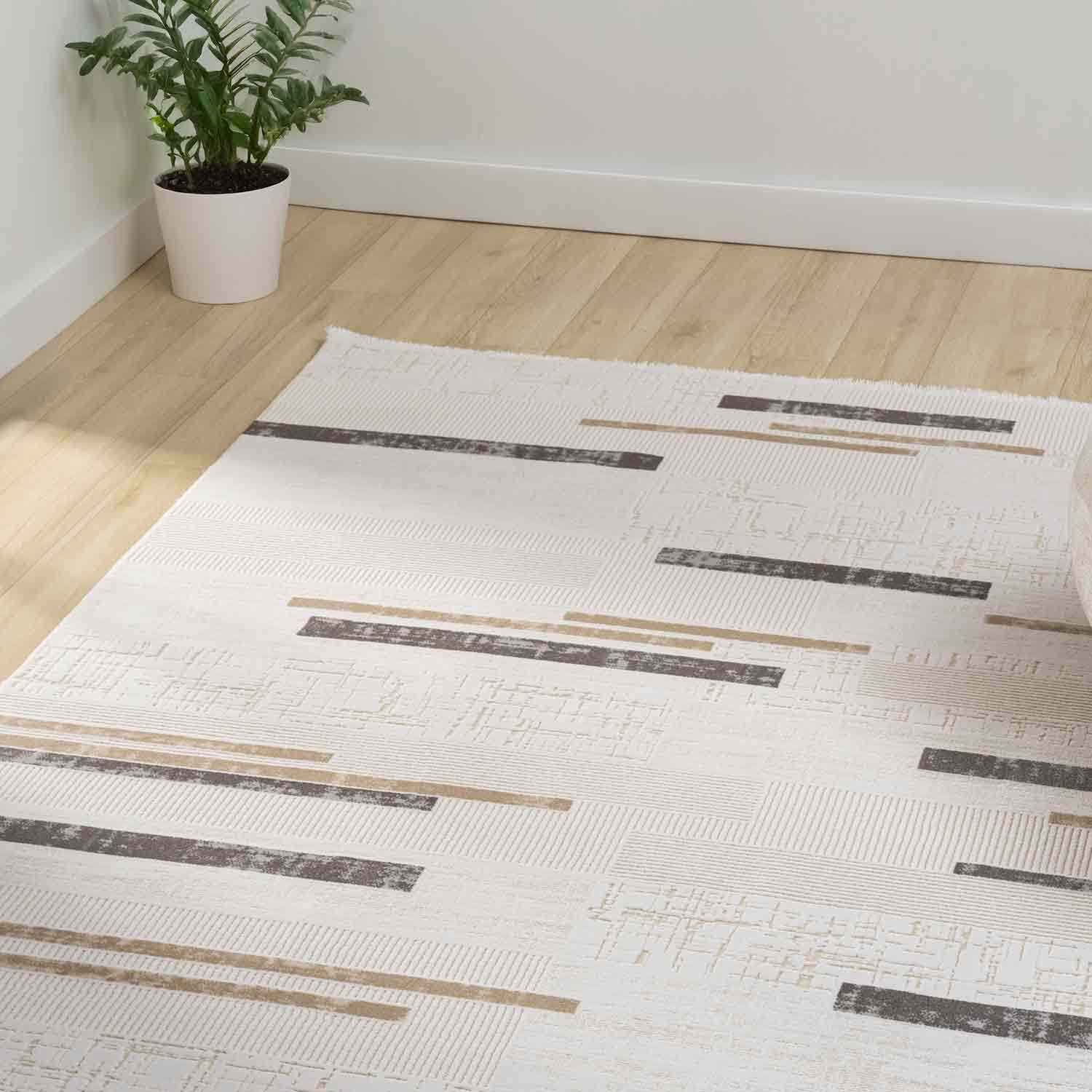 Krem Bej Kahve Yatay Blok Desenli Halı-Pera Halı