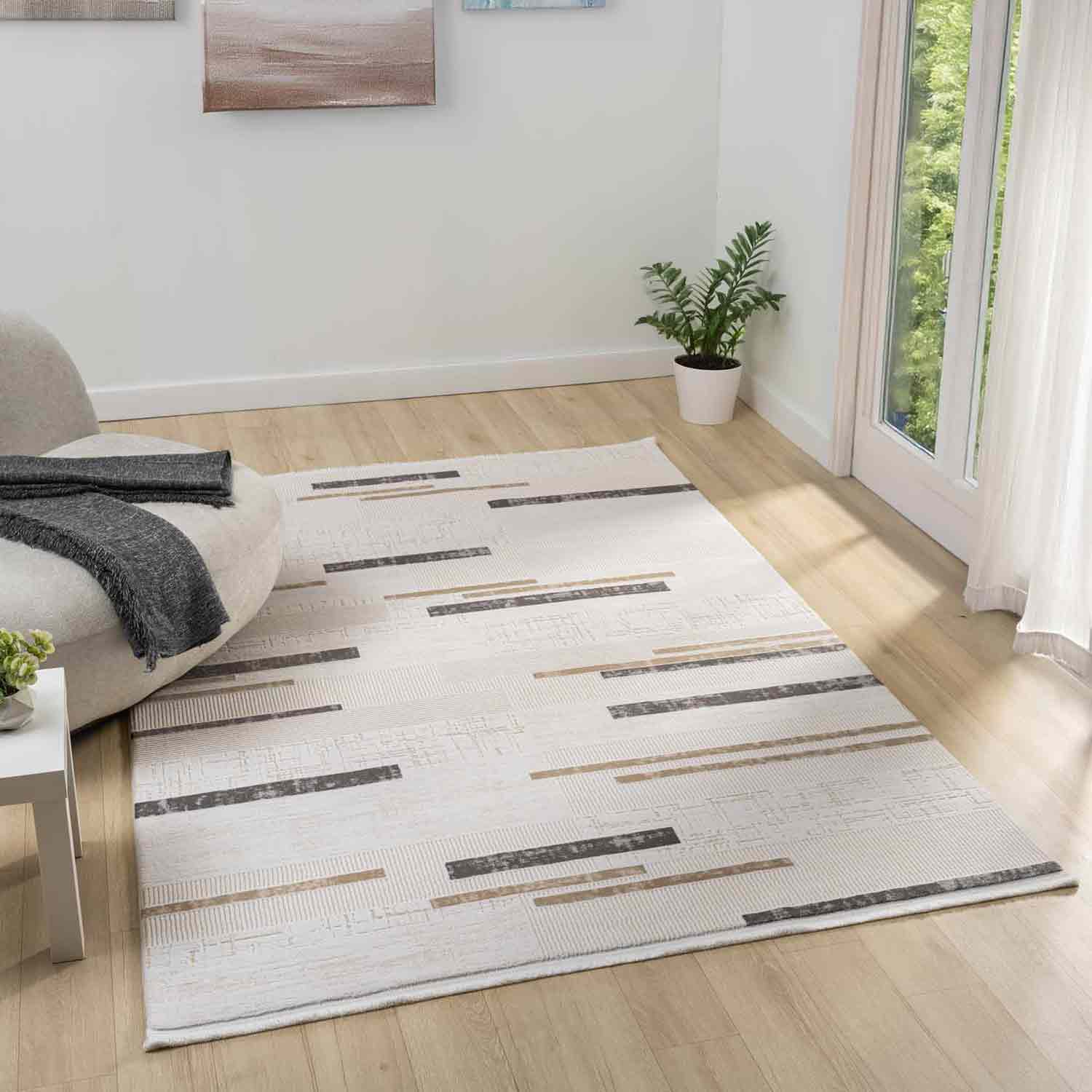 Krem Bej Kahve Yatay Blok Desenli Halı-Pera Halı