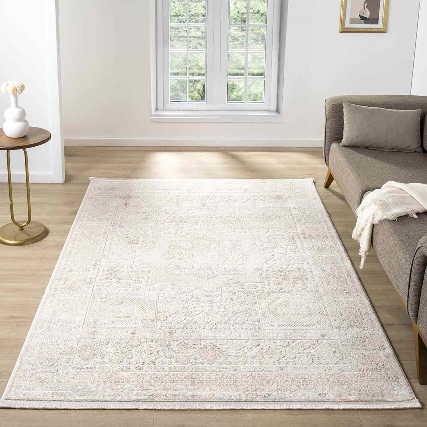 Krem Bej Ton Sür Ton Minimal Eskitme Desenli Halı-Pera Halı