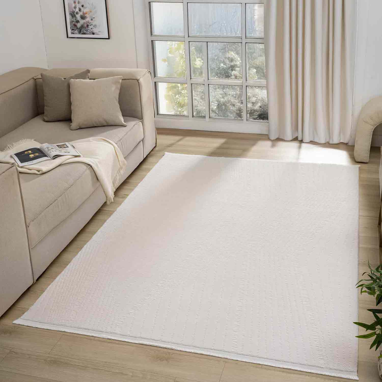 Krem Beyaz Kabartmalı Zikzak Çizgili Halı-Pera Halı