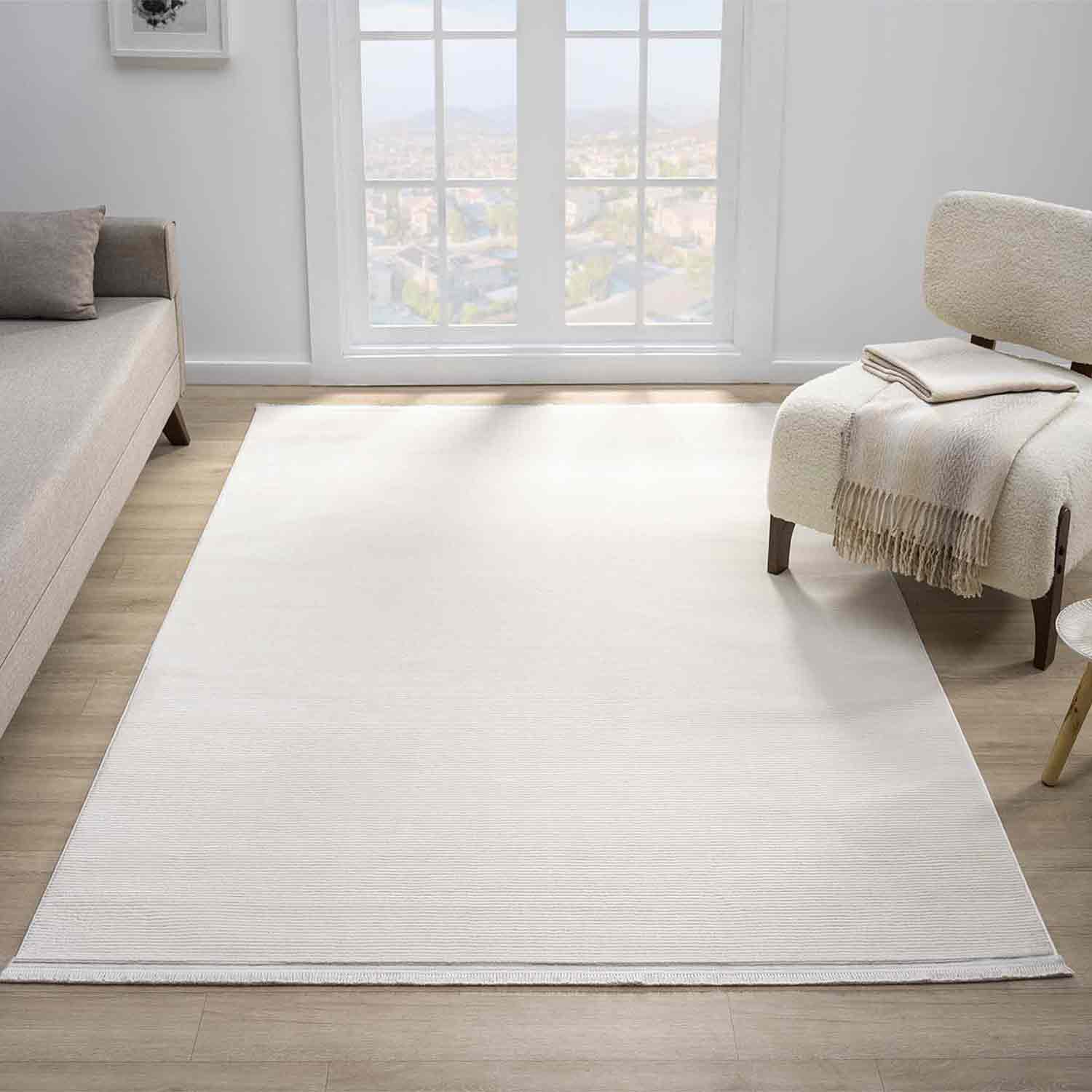 Krem Beyaz Sade Dikey Çizgili Modern Halı-Pera Halı