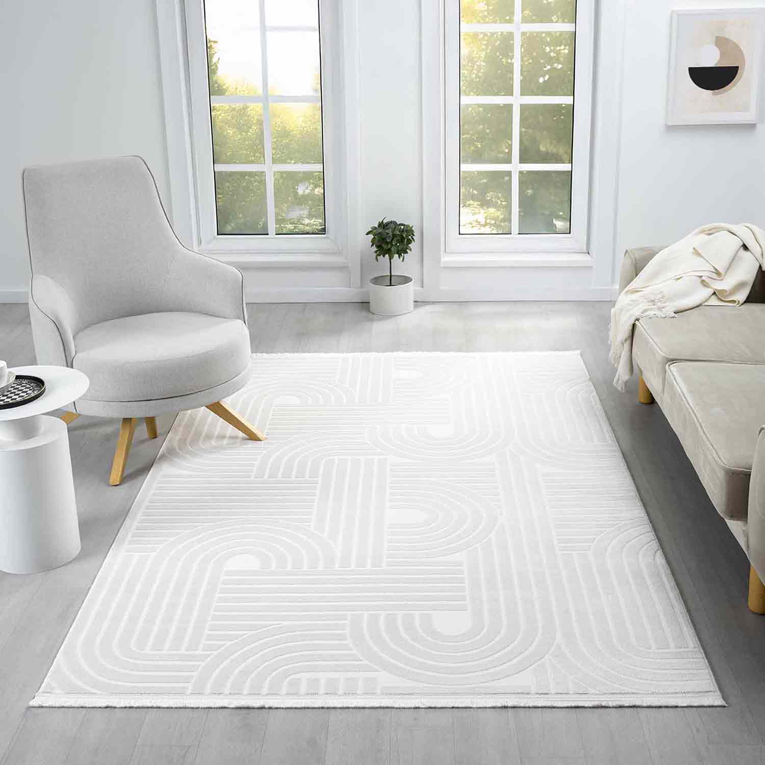 Krem Beyaz Yarım Daire Geometrik Modern Halı-Pera Halı