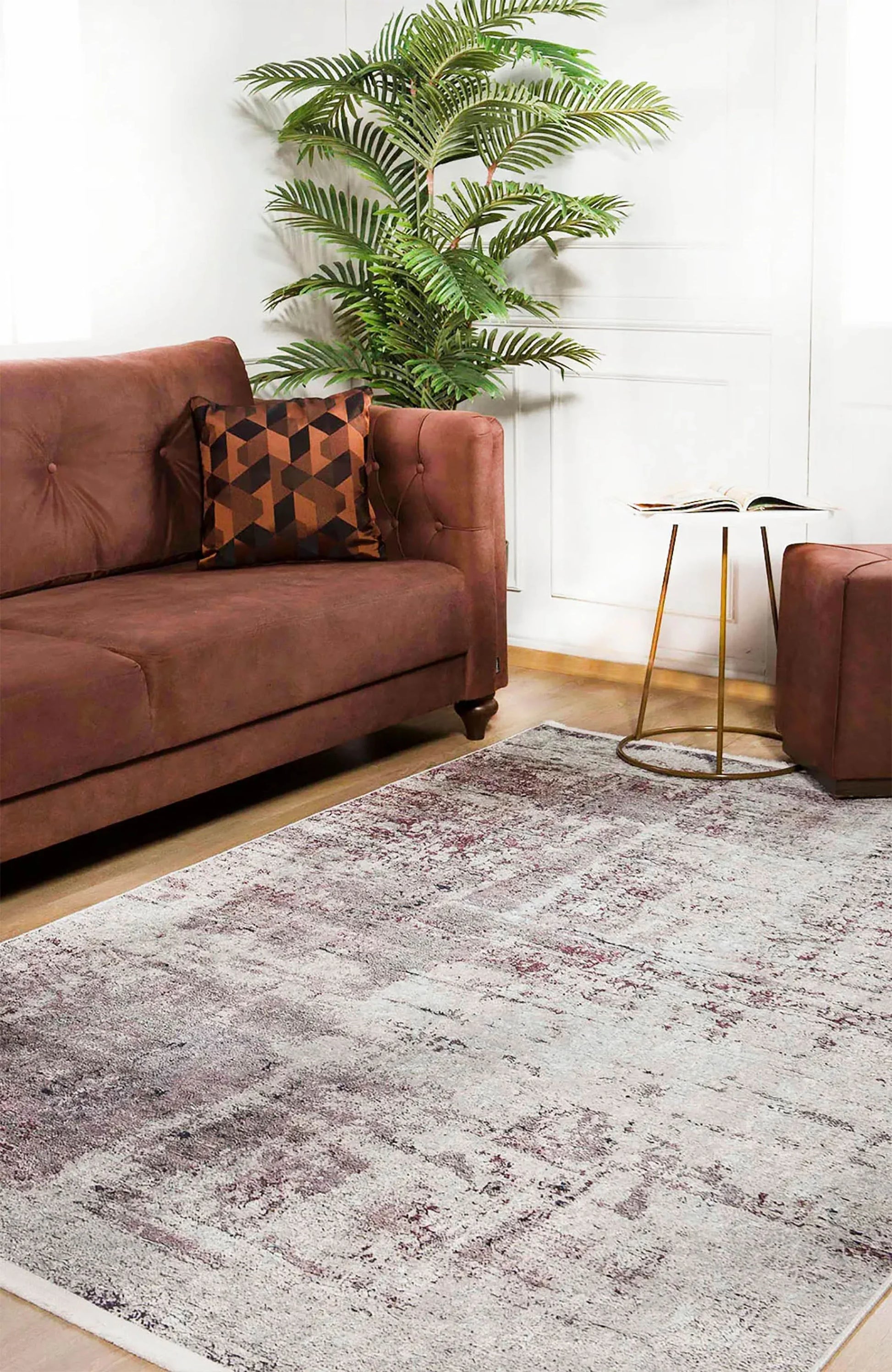 Krem, Bordo ve Gri Modern Soyut Sanat Halısı-Pera Halı