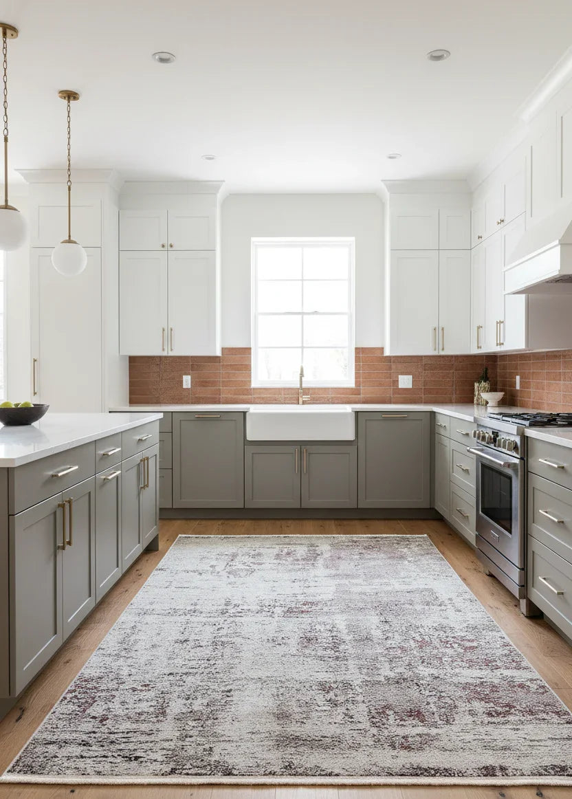 Krem, Bordo ve Gri Modern Soyut Sanat Halısı-Pera Halı