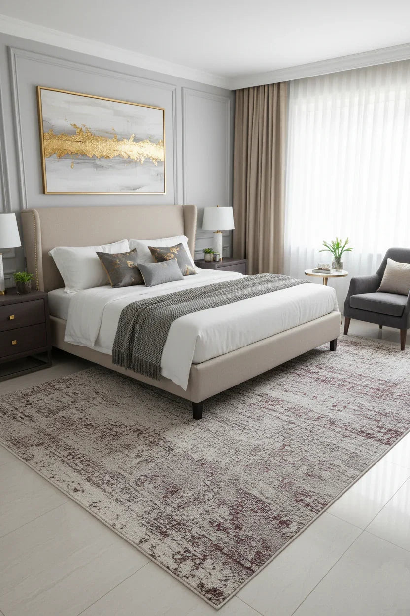 Krem, Bordo ve Gri Modern Soyut Sanat Halısı-Pera Halı