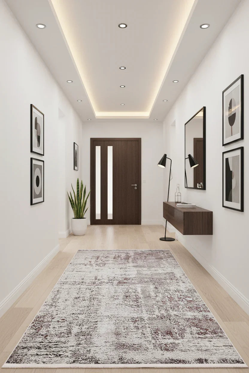 Krem, Bordo ve Gri Modern Soyut Sanat Halısı-Pera Halı