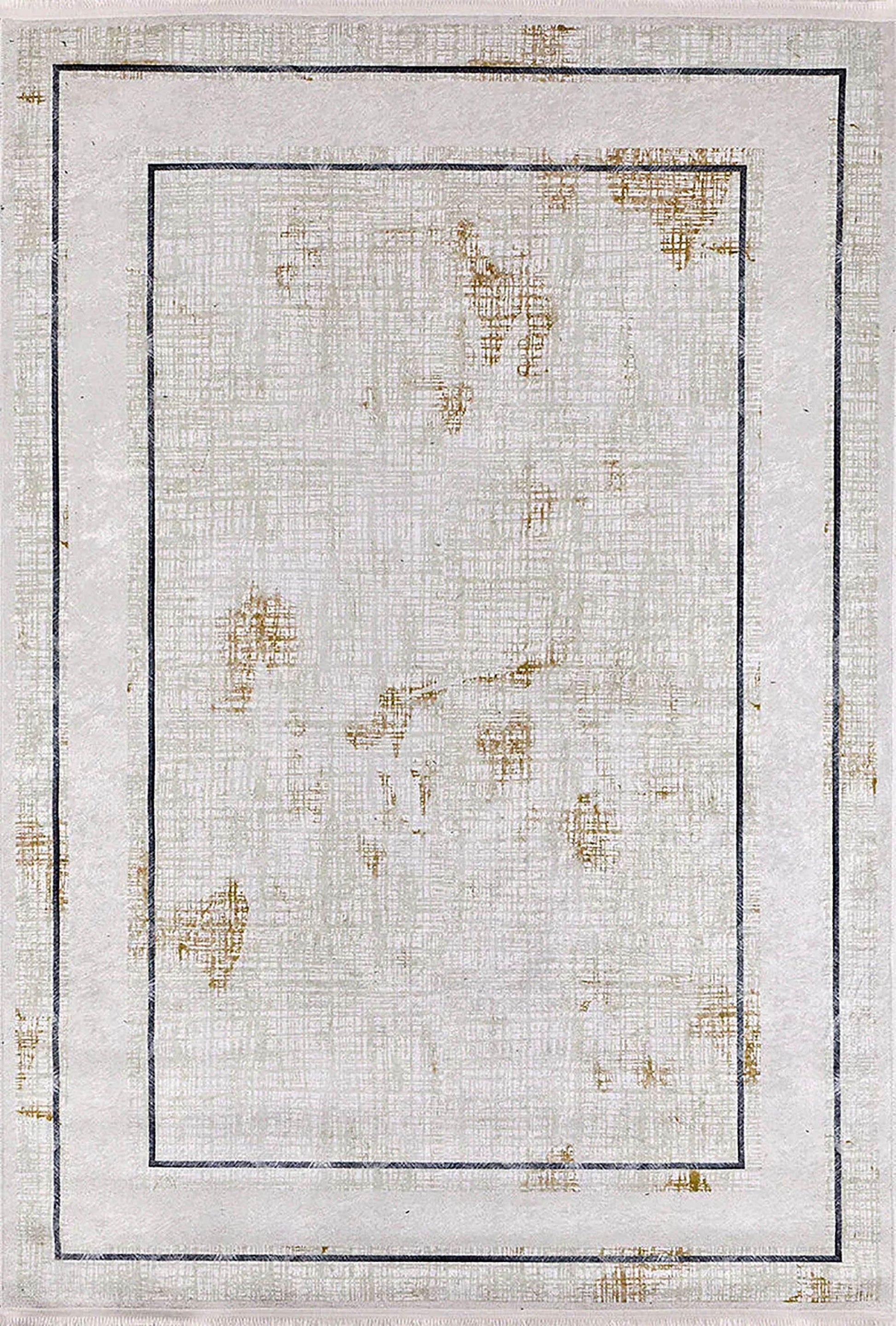 Krem Bordürlü Eskitme Desenli Modern Yıkanabilir Halı-Pera Halı