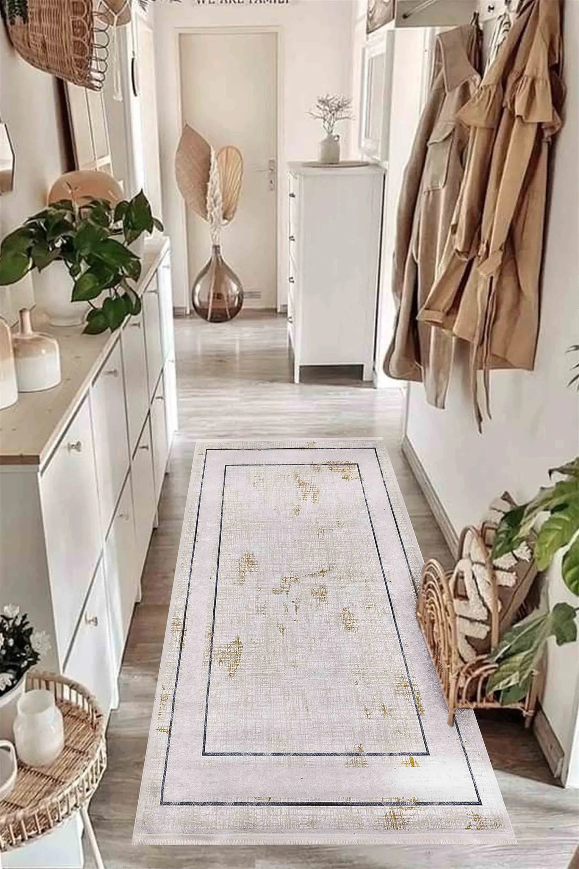 Krem Bordürlü Eskitme Desenli Modern Yıkanabilir Halı-Pera Halı